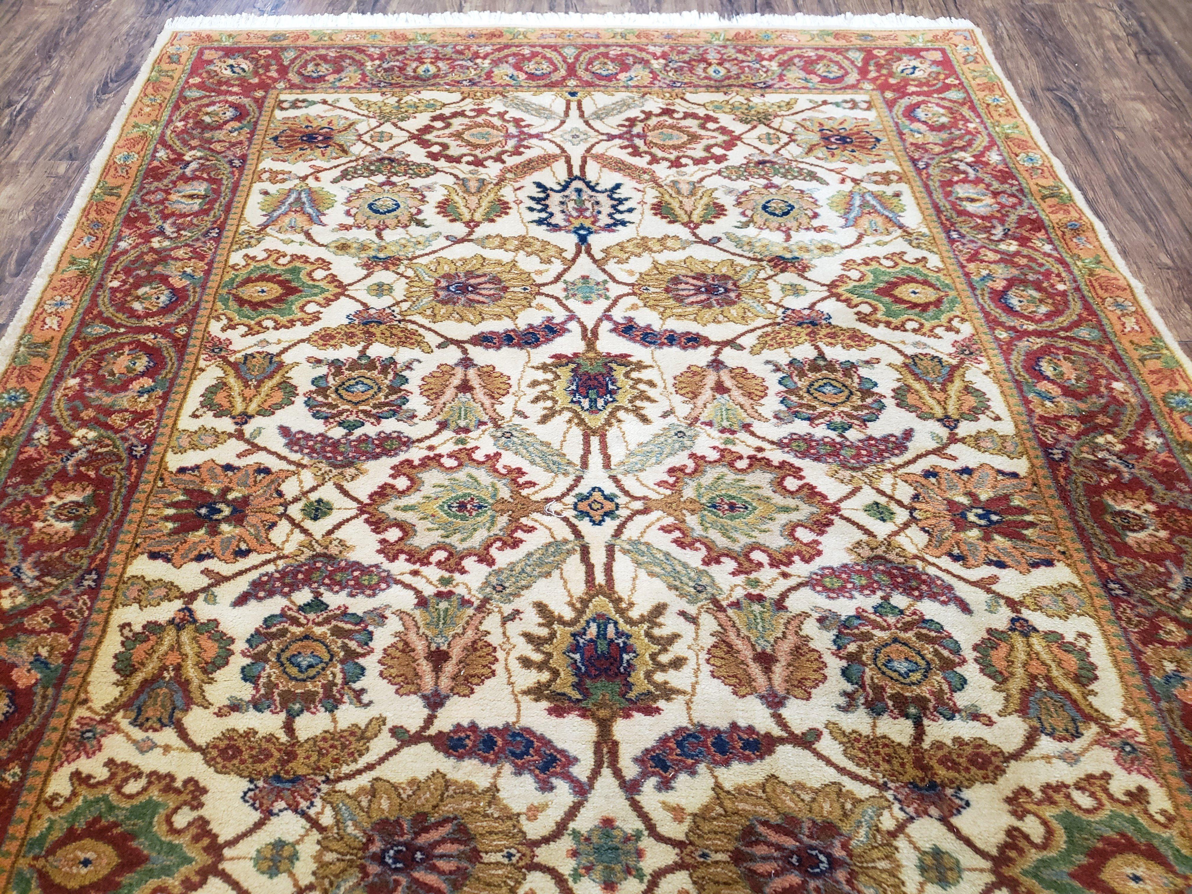 Karastan Rug English Manor Stratford #2120, Discontinued Karastan Carpet 5'2" x 7' 8", Cream & Red Vintage Karastan Wool Traditional Rugs - Jewel Rugs