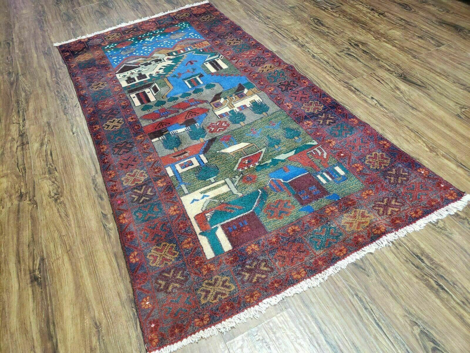 3' 2" X 6" Handmade Afghan Balouch Tribal Wool War Rug Tank Helicopter Tree Wow - Jewel Rugs