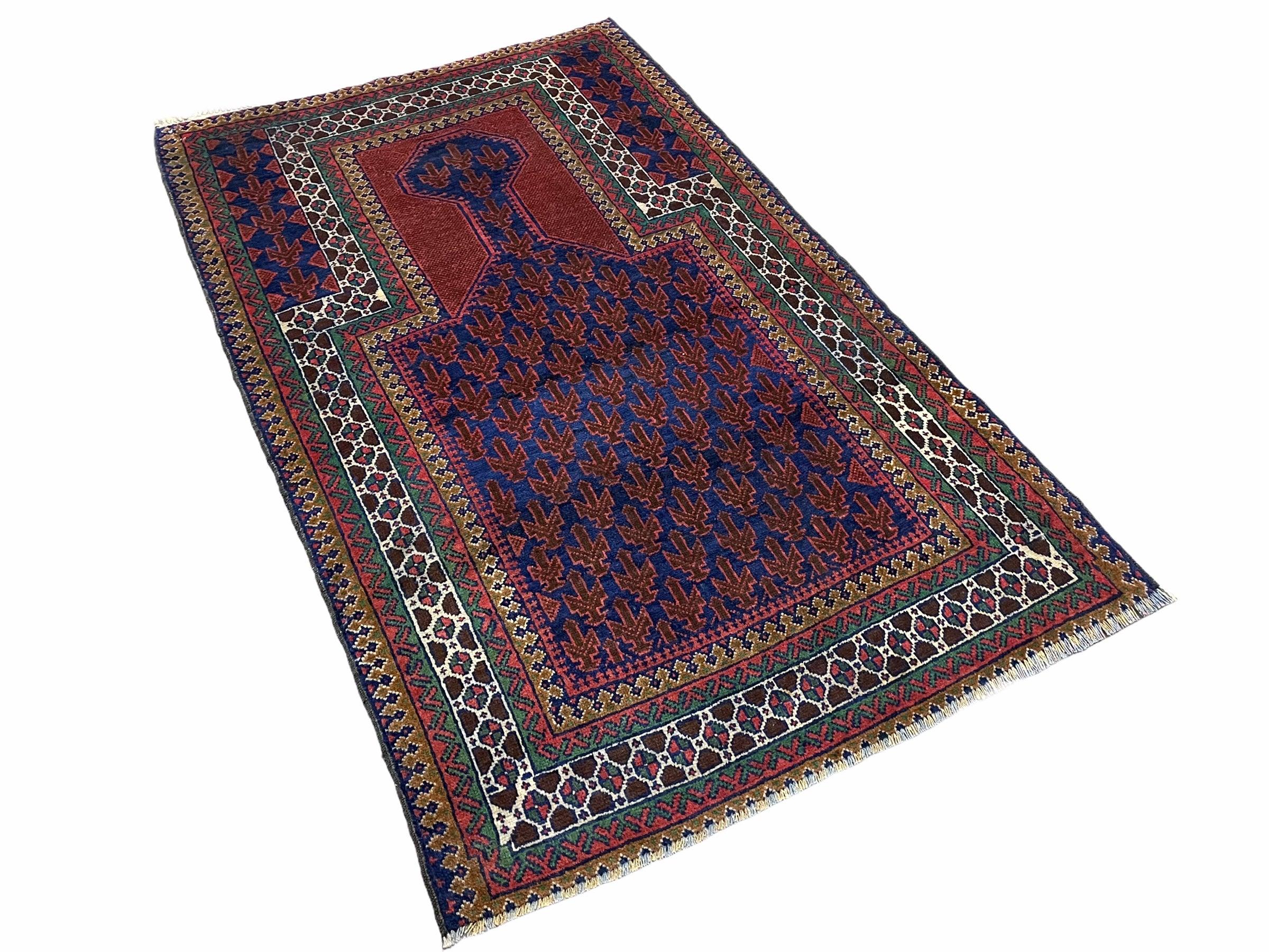 3x5 New Vintage Handmade Wool Rug Tribal Turkoman Balouch Prayer Rug Red Blue - Jewel Rugs