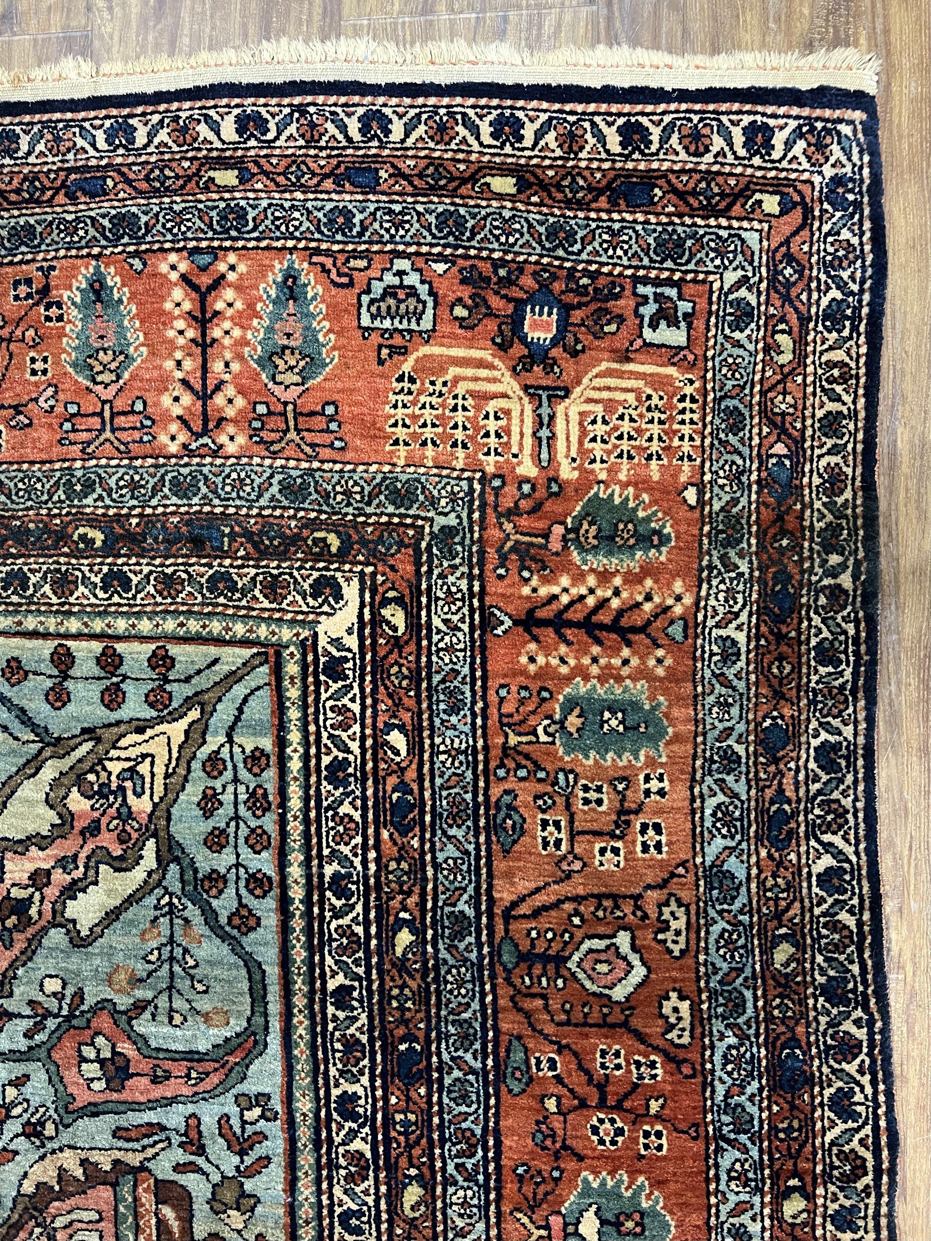 Marvelous and Rare Persian Farahan Rug 9x12, Antique 1920s Persian Carpet, Navy Blue Semi Open Field, Signature from Master Weaver Taftanchian, Animals Bees Monkeys - Jewel Rugs