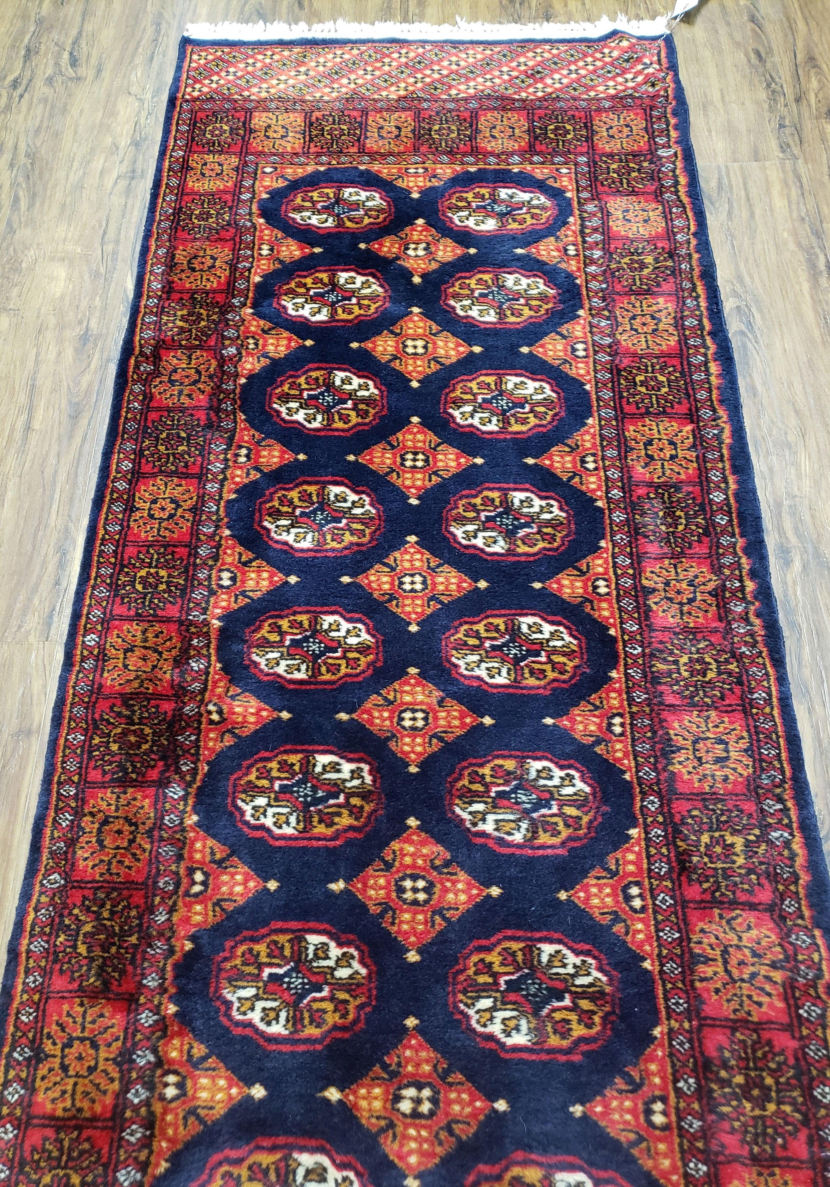 Vintage Turkoman Runner Rug, Hand-Knotted, Wool, Midnight Blue & Red, Oriental Runner, Turkmen Yamud Pakistan Rug 10ft Runner, 2'7" x 10' 3" - Jewel Rugs