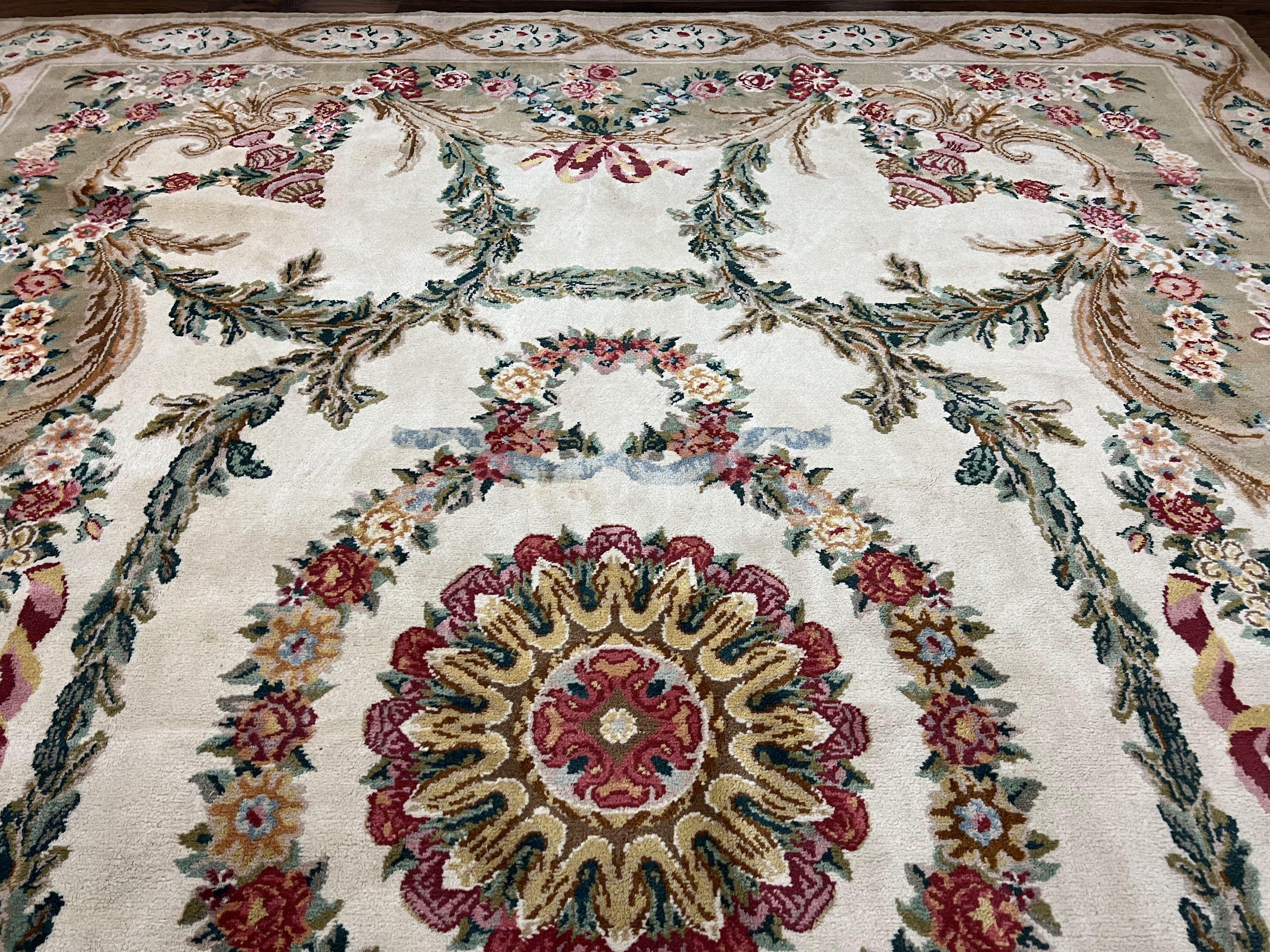 Chinese Aubusson Rug 9.8 x 12, Savonnerie Carpet with Pile, Elegant Living Room Dining Room Rug Hand Knotted Wool Carpet, French European - Jewel Rugs