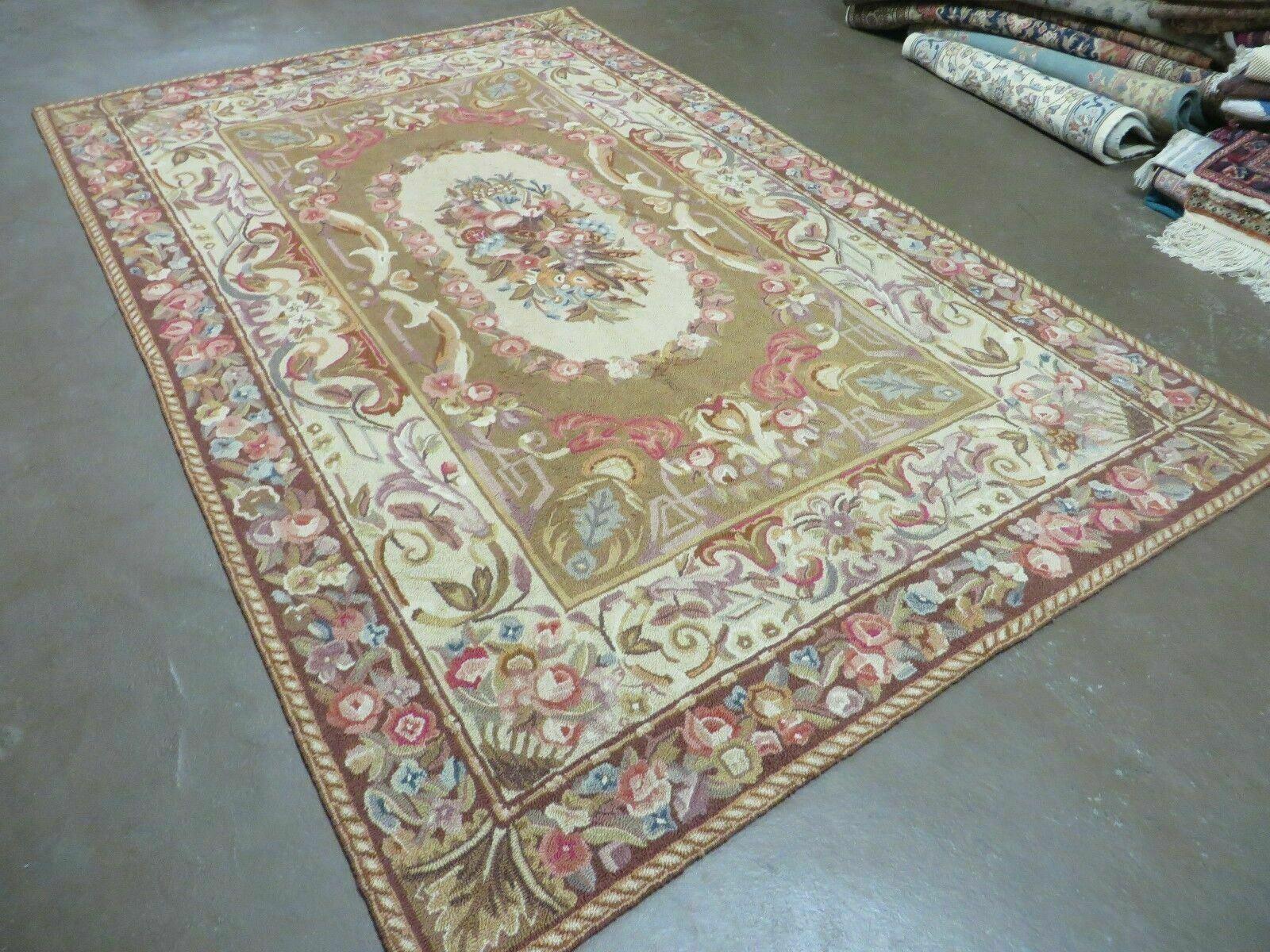 5' X 8' Vintage Handmade Hooked Rug Aubusson Pattern Floral Garden Nice - Jewel Rugs