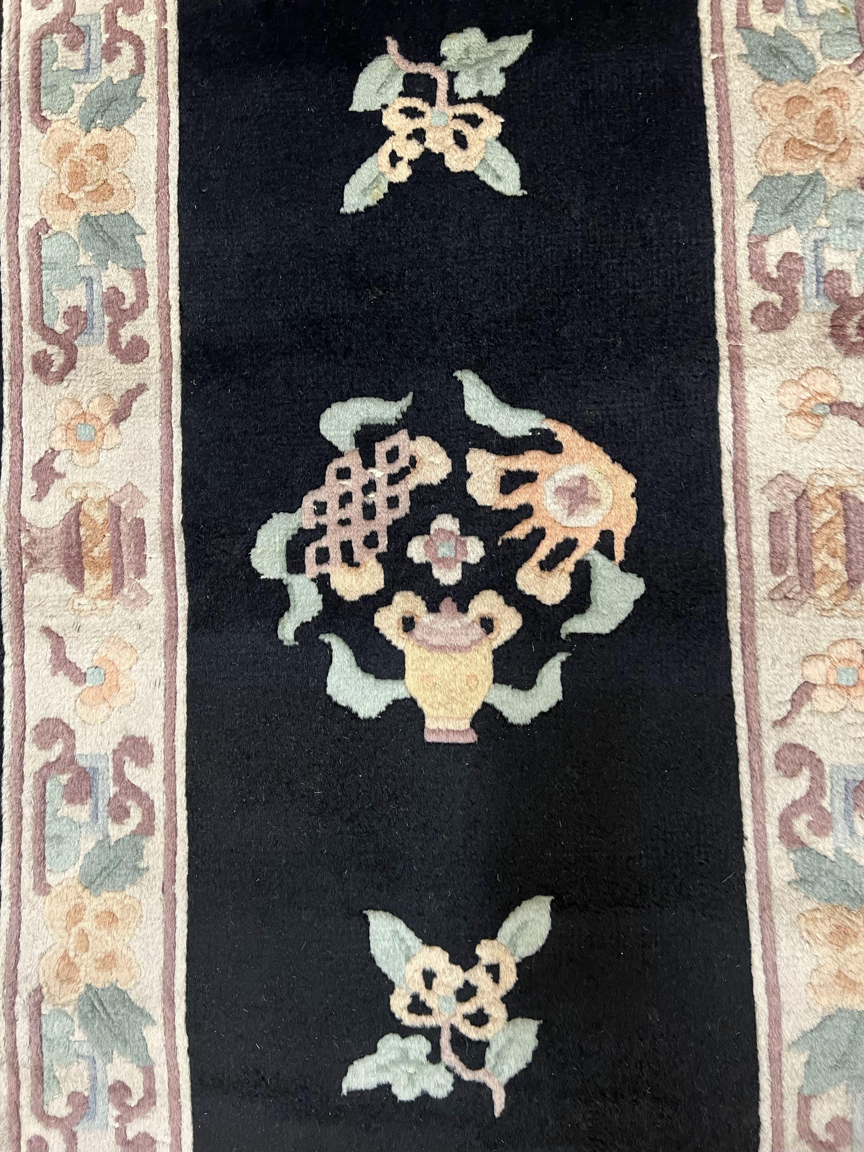 Small Chinese Wool Rug 2.6 x 4.7, Black Asian Oriental Rug, Floral Vases Vintage 1960s Handmade Carpet, 3x5 Art Deco Rug, 90 Line Rug - Jewel Rugs