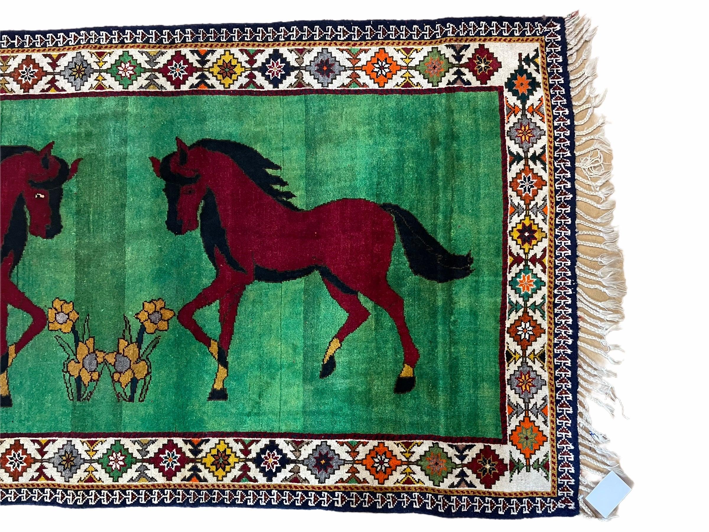 4 X 7 Handmade Rug Zagros Quality Wool Pictorial Horses Green Butterfly Colorful - Jewel Rugs