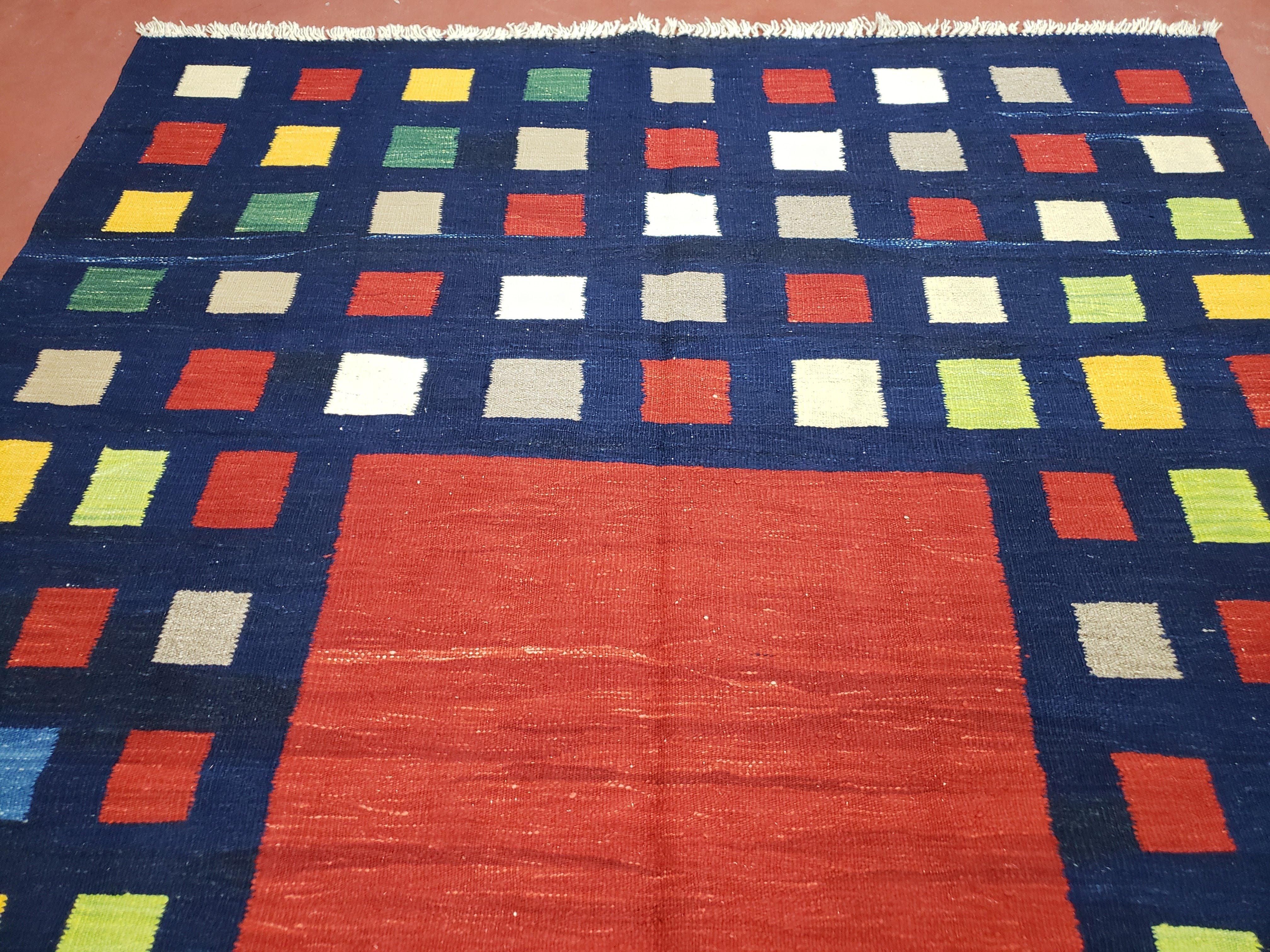 Turkish Kilim Rug 5x7 - 6x8, Checkerboard Kilim Carpet, Area Rug, New Playroom Rug, Colorful Multicolor Rug for Nursery Room, Dark Blue Red - Jewel Rugs