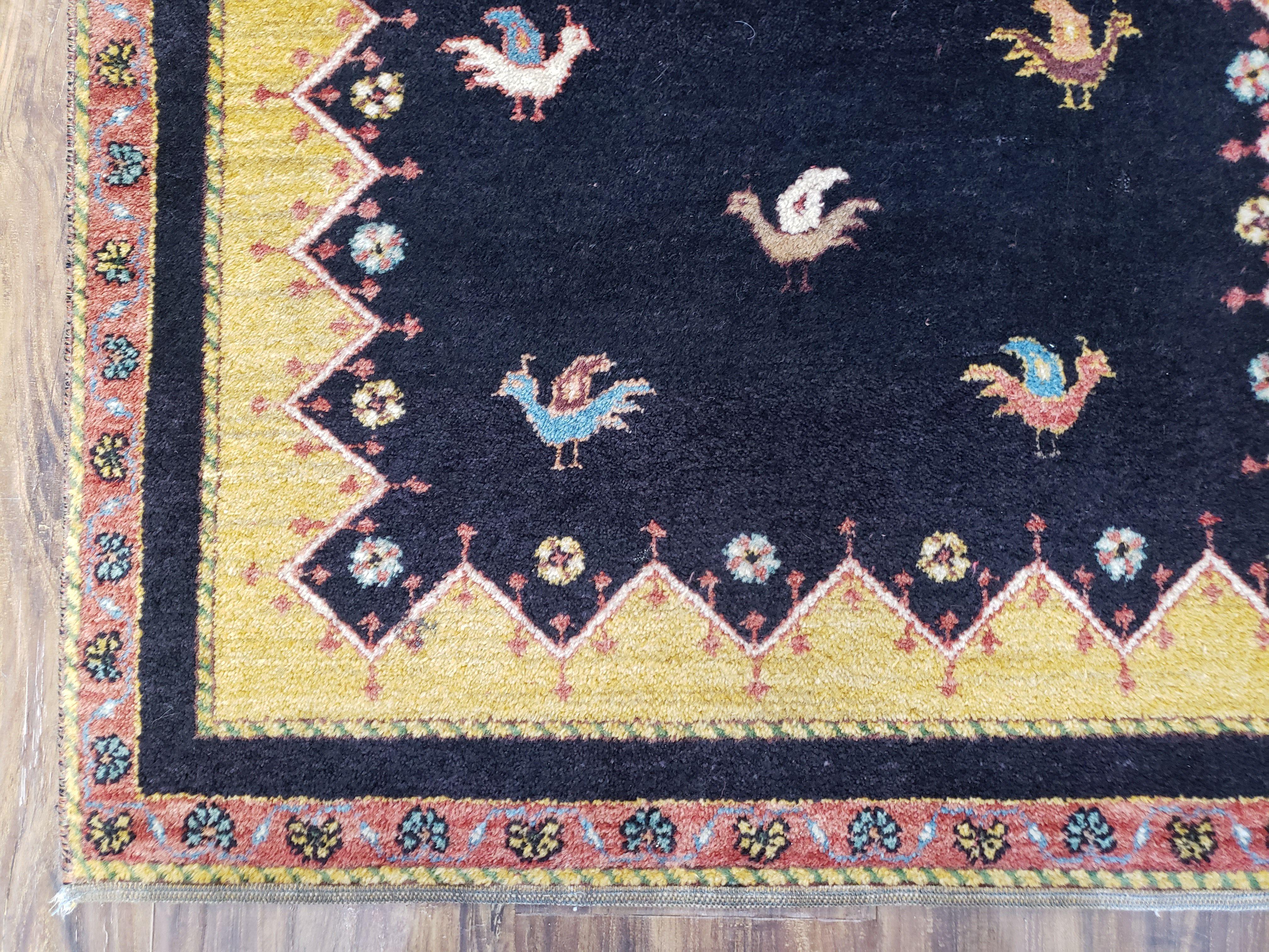 2' 4" X 9' 9" Handmade India Oriental Wool Runner Rug Birds Navy Blue Yellow - Jewel Rugs