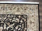 Indo Persian Rug 8x10, Elegant Floral Medallion Indian Oriental Carpet, Wool and Silk, Black and Beige, Hand Knotted Vintage Room Sized Rug - Jewel Rugs