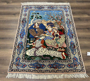 Fine Persian Isfahan Pictorial Rug 3.7 x 5, Kork Wool on Silk Foundation, Blue Persian Carpet, Hand Knotted, Humans Birds, High KPSI, Semi Antique - Jewel Rugs