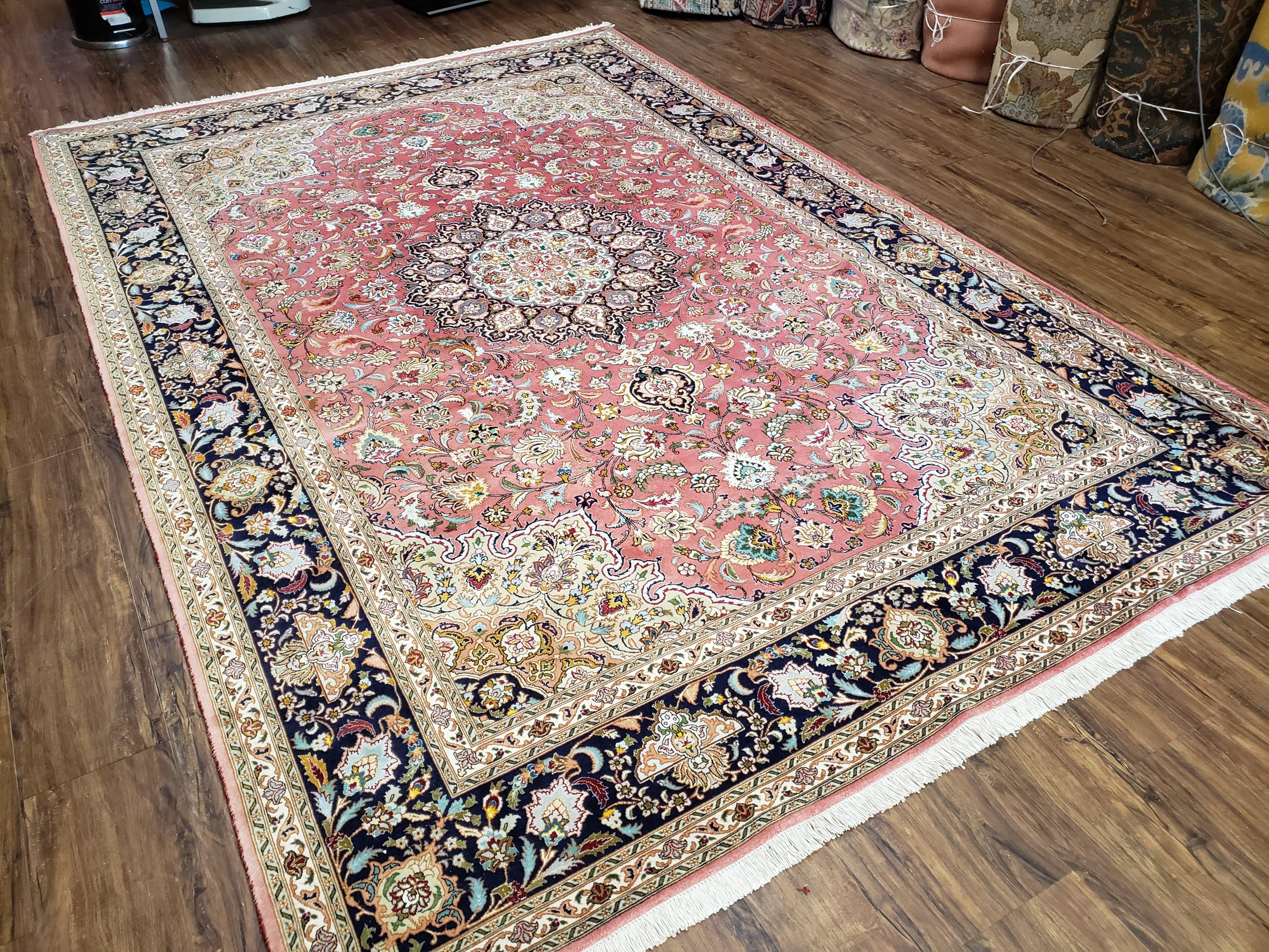 Vintage Persian Tabriz Rug 6.7 x 9.9, Wool Hand-Knotted Salmon Pink & Dark Blue Floral Medallion Carpet, Traditional Fine Persian Oriental Rug - Jewel Rugs