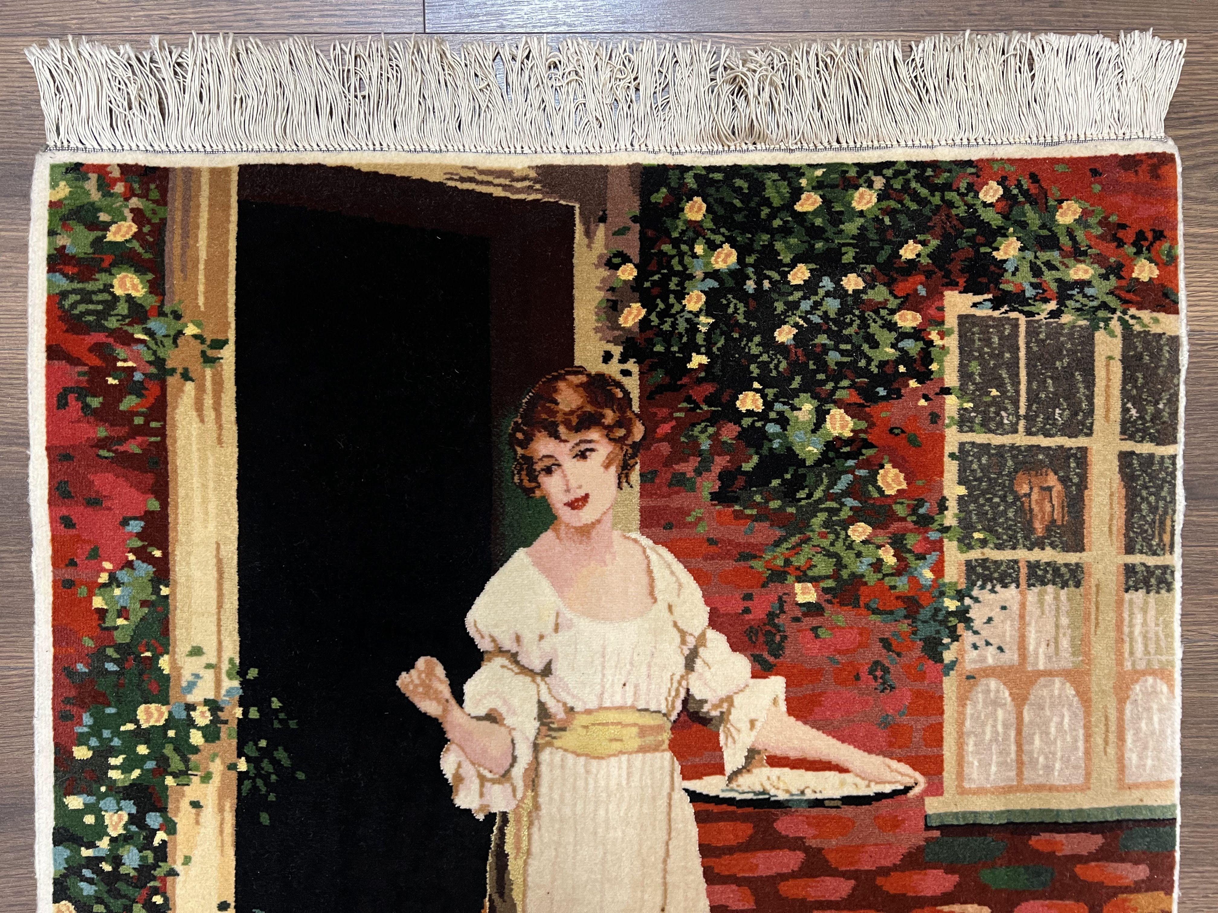 Persian Tabriz Pictorial Rug 2x3, Fine High KPSI Pictorial Carpet, Lady in Front of Home with Chickens 2 x 3 ft Oriental Rug Vintage Handmade Wool - Jewel Rugs