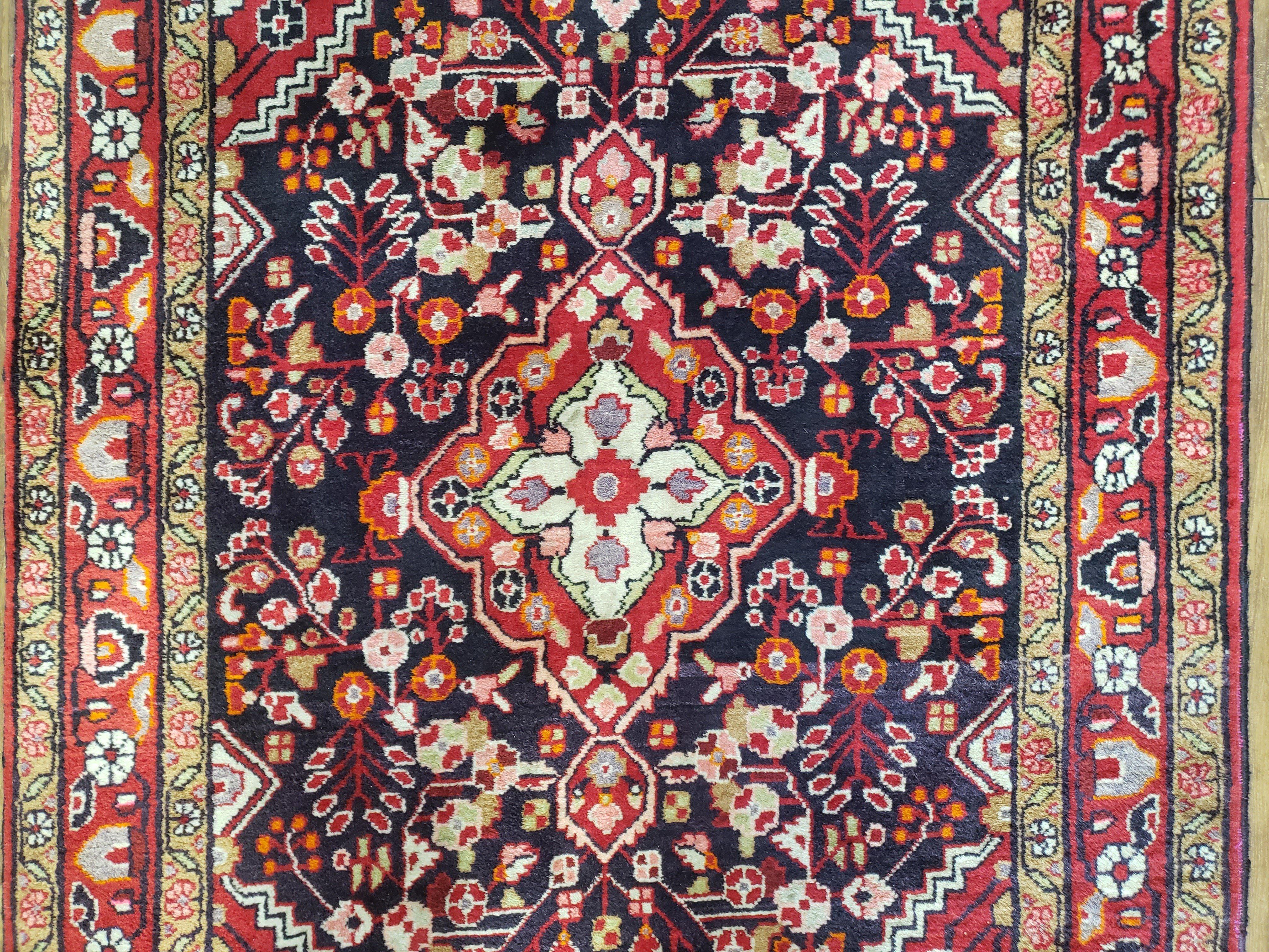 Antique Persian Bijar Medallion Area Rug 3.6 x 5.5, Wool Handmade, Red Floral Carpet - Jewel Rugs