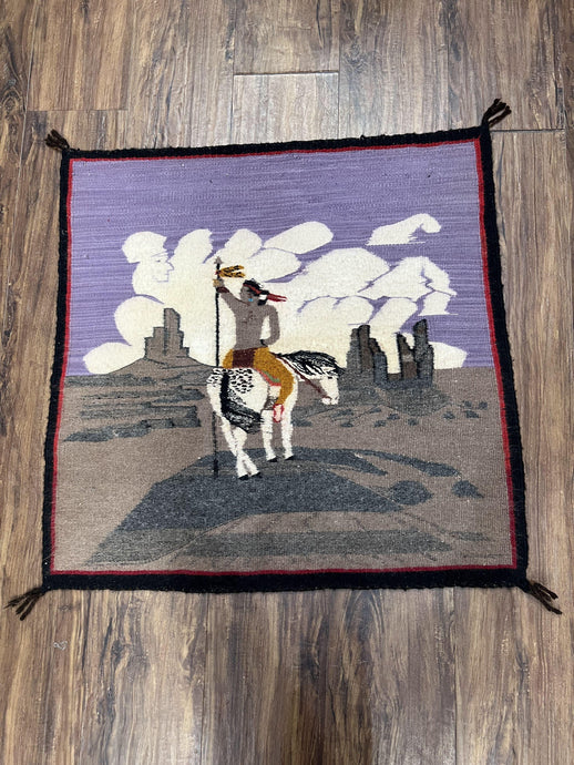 Antique Navajo Weaving, Navajo Textile 2.6 x 2.6, Small Square Navajo Rug, Native American Indian on Horse, Handmade, Wool, Collectible - Jewel Rugs