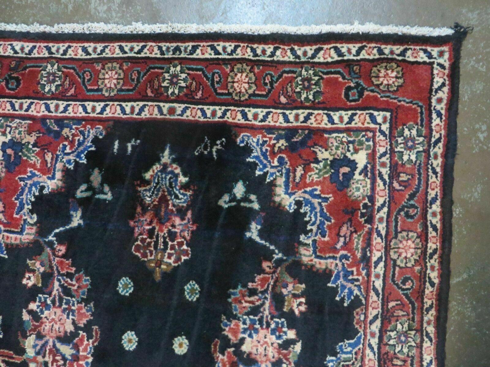 Persian Runner Rug 3.7 x 10.9, Antique Persian Lilihan Lilian Sarouk Wool Handmade Oriental Tribal Hallway Runner, Navy Blue Red Cream, Floral Semi Open Field Medallion - Jewel Rugs