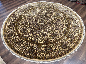 Round Indo Persian Rug 8x8 ft, Large Hand Knotted Vintage Wool Circular Carpet, 8ft Round Oriental Rug, Floral Medallion, Cream and Green - Jewel Rugs
