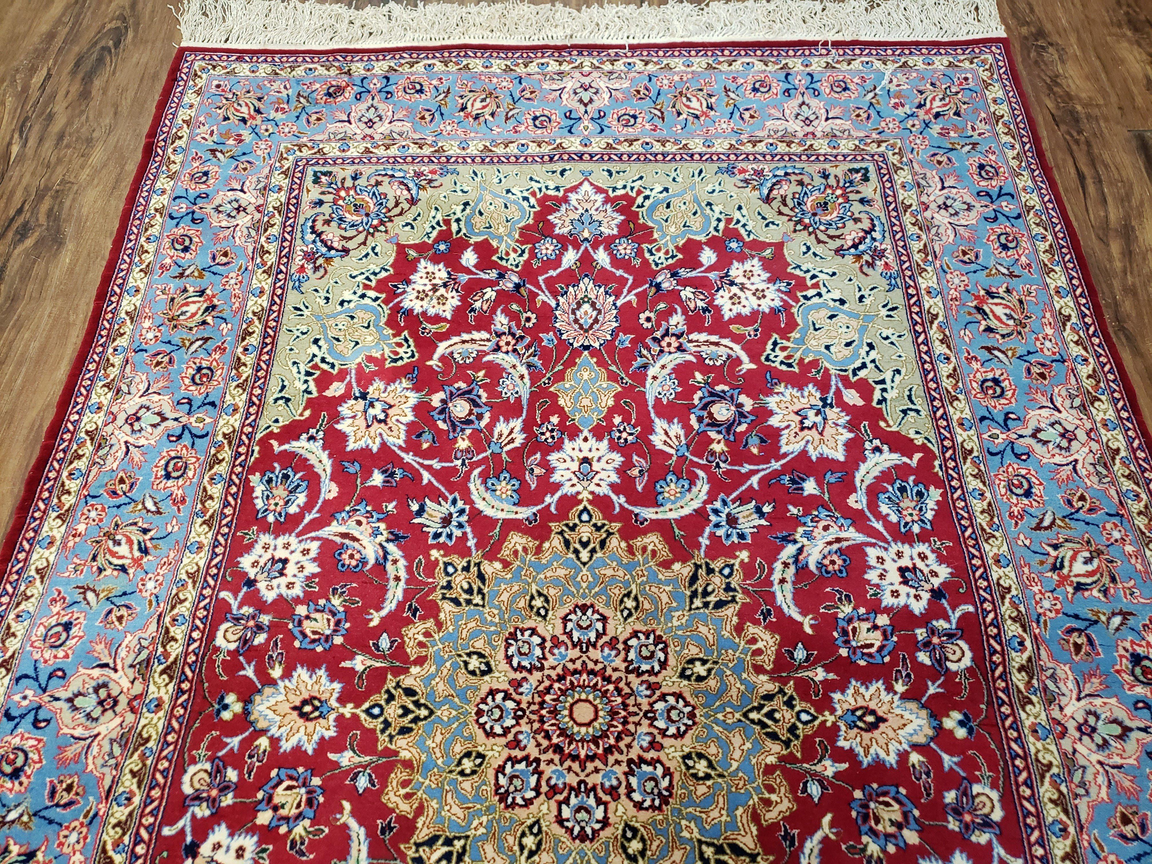 Semi Antique Persian Isfahan Rug, Kork Wool on Silk Foundation, Red & Blue, Top Quality, 3'6" x 5' 6" - Jewel Rugs