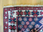 Persian Tribal Runner Rug 3.5 x 10.7, Persian Karajeh Heriz Rug, Hand Knotted Antique Wool Vegetable Dyed Hallway Runner, Navy Blue Red Off White, Geometric Medallions - Jewel Rugs