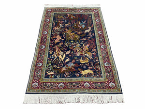 Indian Kashmiri Wool & Silk Rug 4x6 ft, Hunting Scene, Midnight Blue, Hand-Knotted, Archers, Swords, Horses, Vintage Antique Oriental Carpet - Jewel Rugs