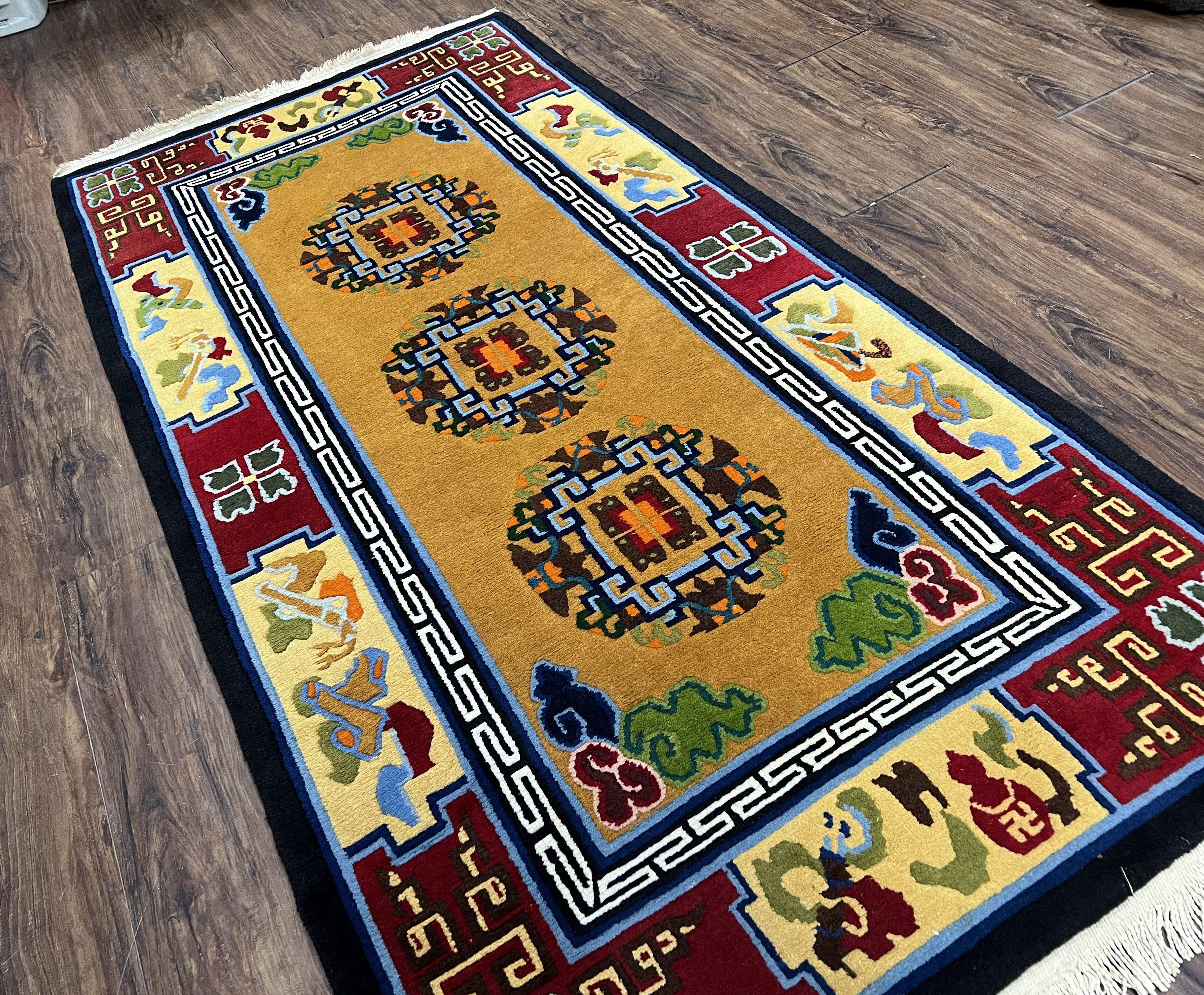 Vintage Chinese Art Deco Rug 3x6, Orange Dark Blue Maroon Chinese Peking Carpet, Asian Oriental Wool Rug, Bold Colors, Bedroom Rug, Hallway - Jewel Rugs