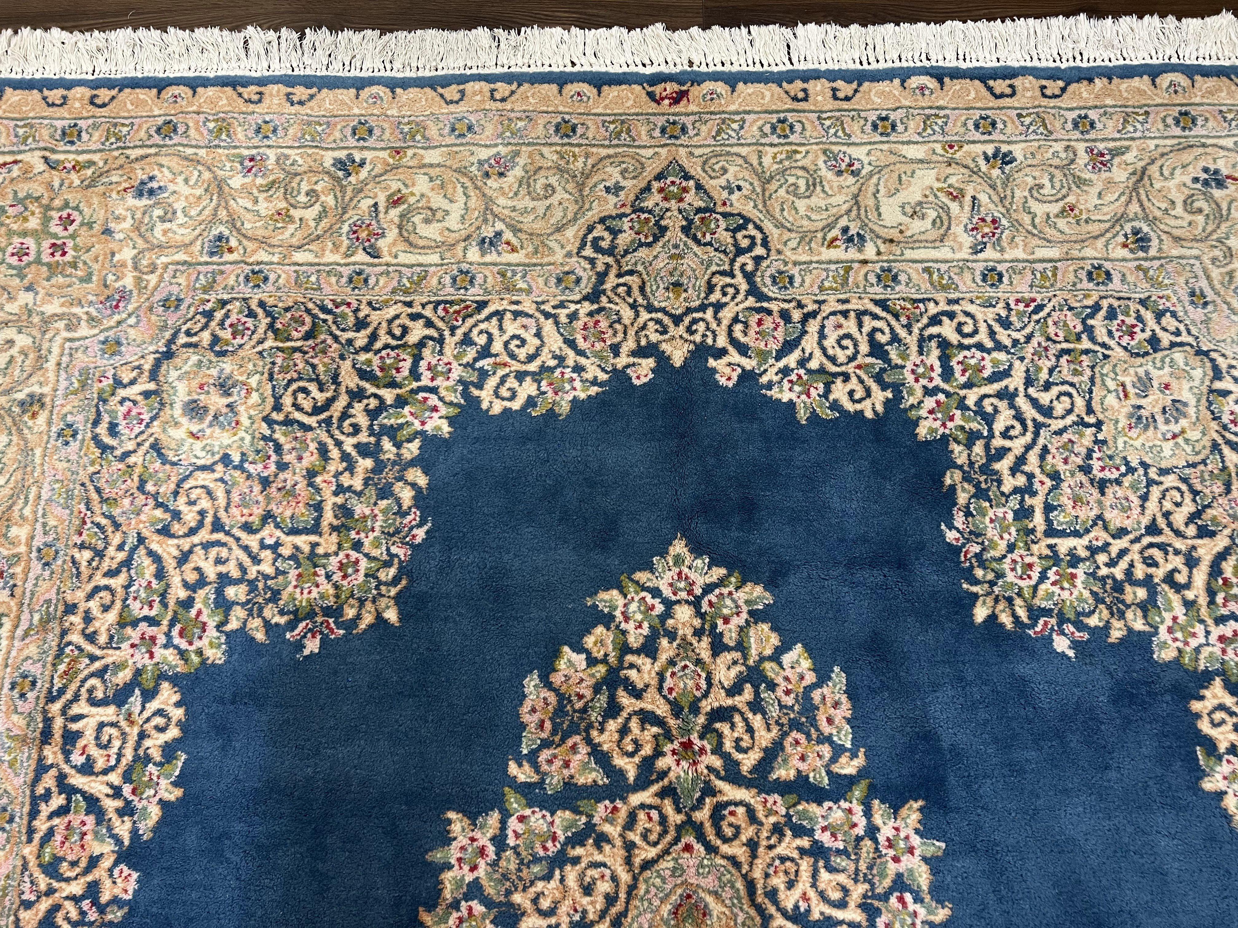 Persian Kirman Rug 8x10, Vintage Oriental Carpet, Wool Handmade Rug, Sky Blue Beige, Signed Area Rug, Semi Open Field Floral Medallion Rug - Jewel Rugs