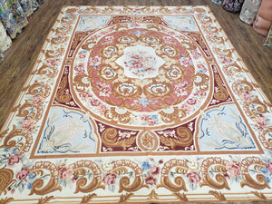 Vintage Aubusson Needlepoint Area Rug 8x10, Brown Ivory Hibiscus Red & Light Blue, Hand-Knotted Wool Carpet Chinese Savonnerie Flatweave Rug - Jewel Rugs