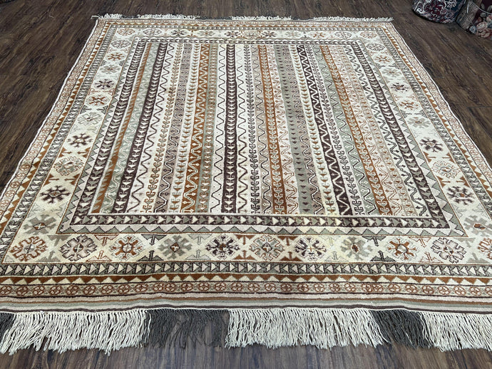 Striped Turkish Anatolian Rug 6x7 Almost Square Shaped Carpet Handmade Vintage Oriental Rug, Living Room Rug, Neutral Colors Cream, Wool Rug - Jewel Rugs