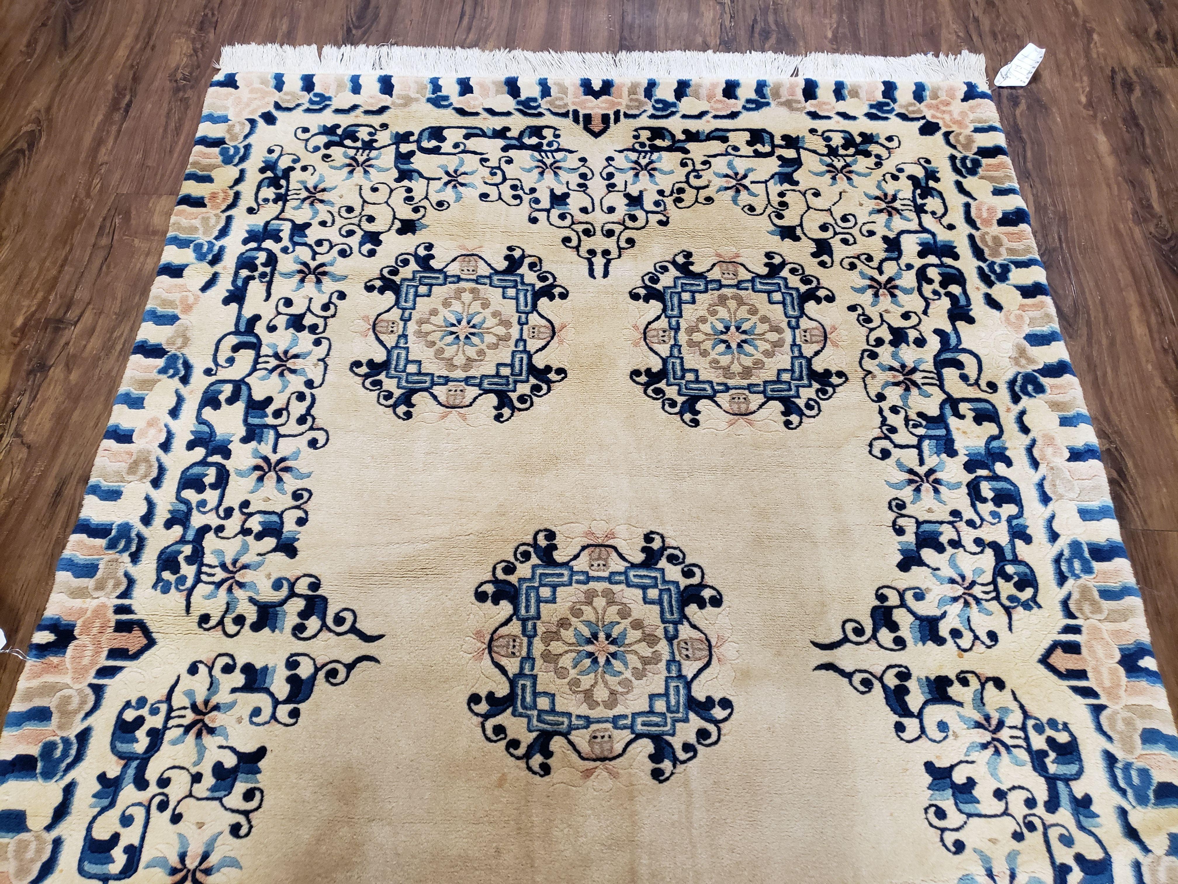 Antique Chinese Peking Area Rug 4x6, Ivory & Blue, Striped Border, Hand-Knotted, Early 20th Century Rug, Asian Oriental Art Deco Wool Carpet - Jewel Rugs