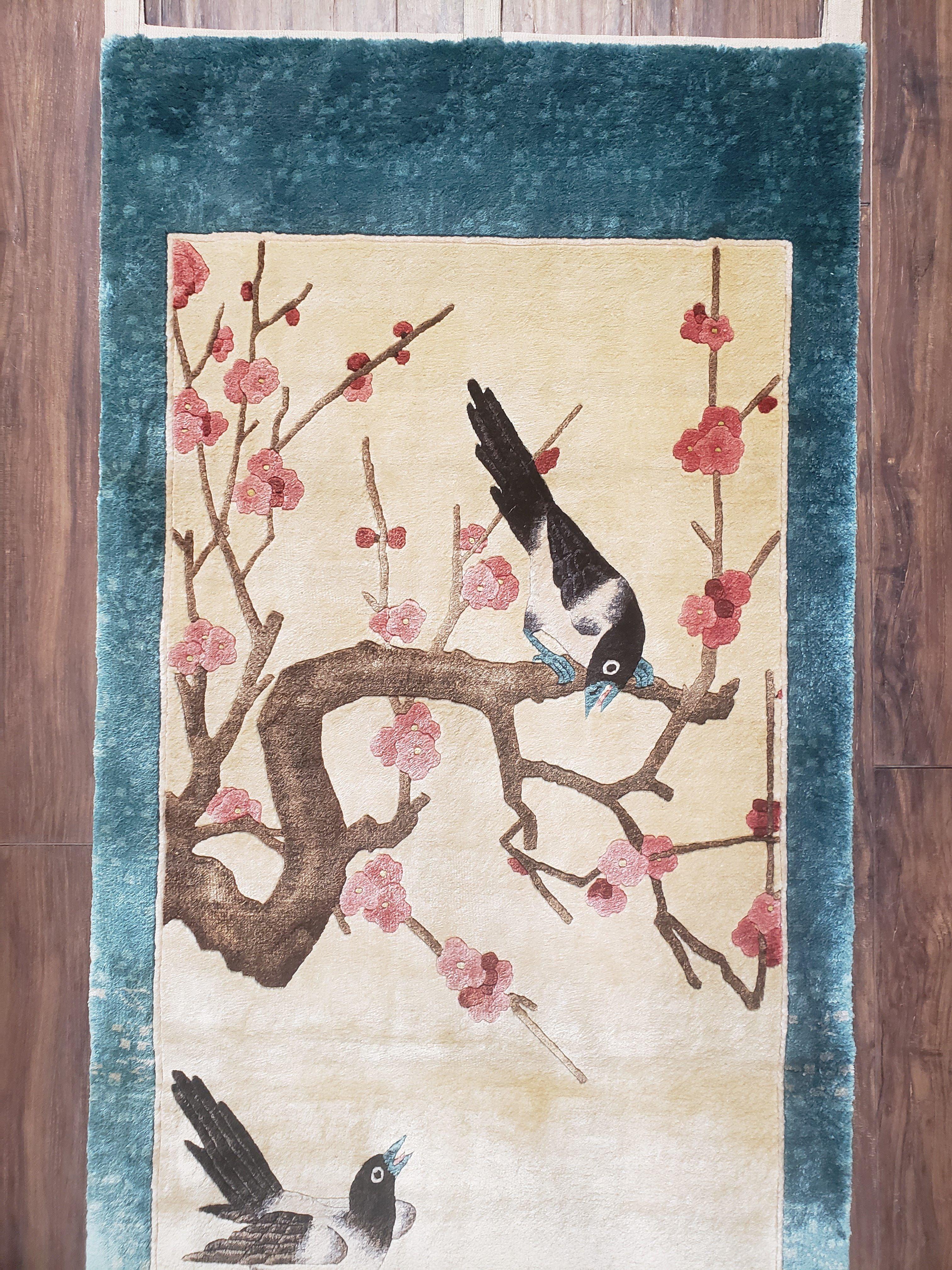 Vintage Chinese Tapestry Wall Hanging Rug 2x5 Hand-Knotted Chinese Silk Wall Hanging, Teal Cream 1960s Art Deco Tapestry Carpet Birds Pair A - Jewel Rugs