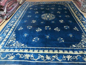 9' X 12' Antique Hand Made Art Deco Chinese Rug Peking Flowers Floral Blue Nice - Jewel Rugs