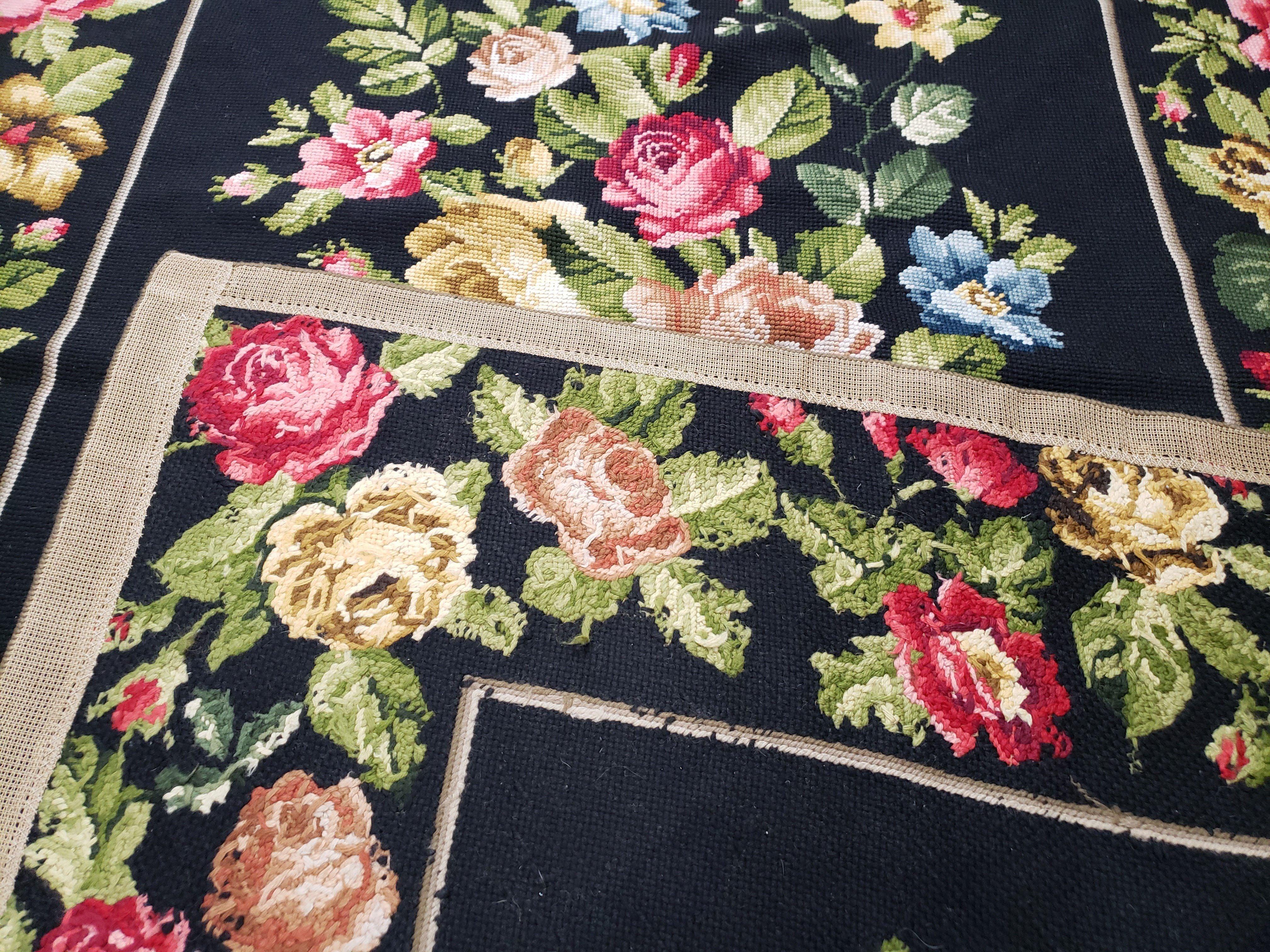 Vintage Black Floral Needlepoint Area Rug 5x8 - 6x9, Large Red & Pink Rose Flowers, Wool Hand-Woven Petitepoint Flatweave Living Room Carpet - Jewel Rugs