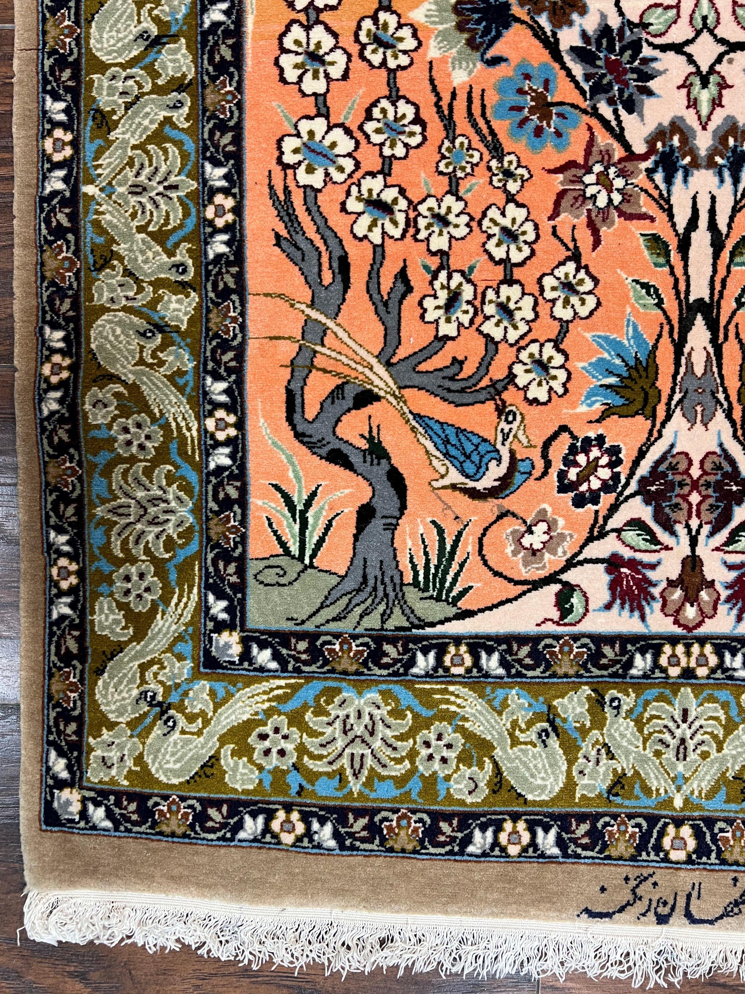 Very Fine Small Persian Isfahan Rug 2.6 x 4, Kork Wool on Silk Hand-Knotted Vintage Animal Pictorials Birds Vase, Signature Masterweaver, Orange - Jewel Rugs