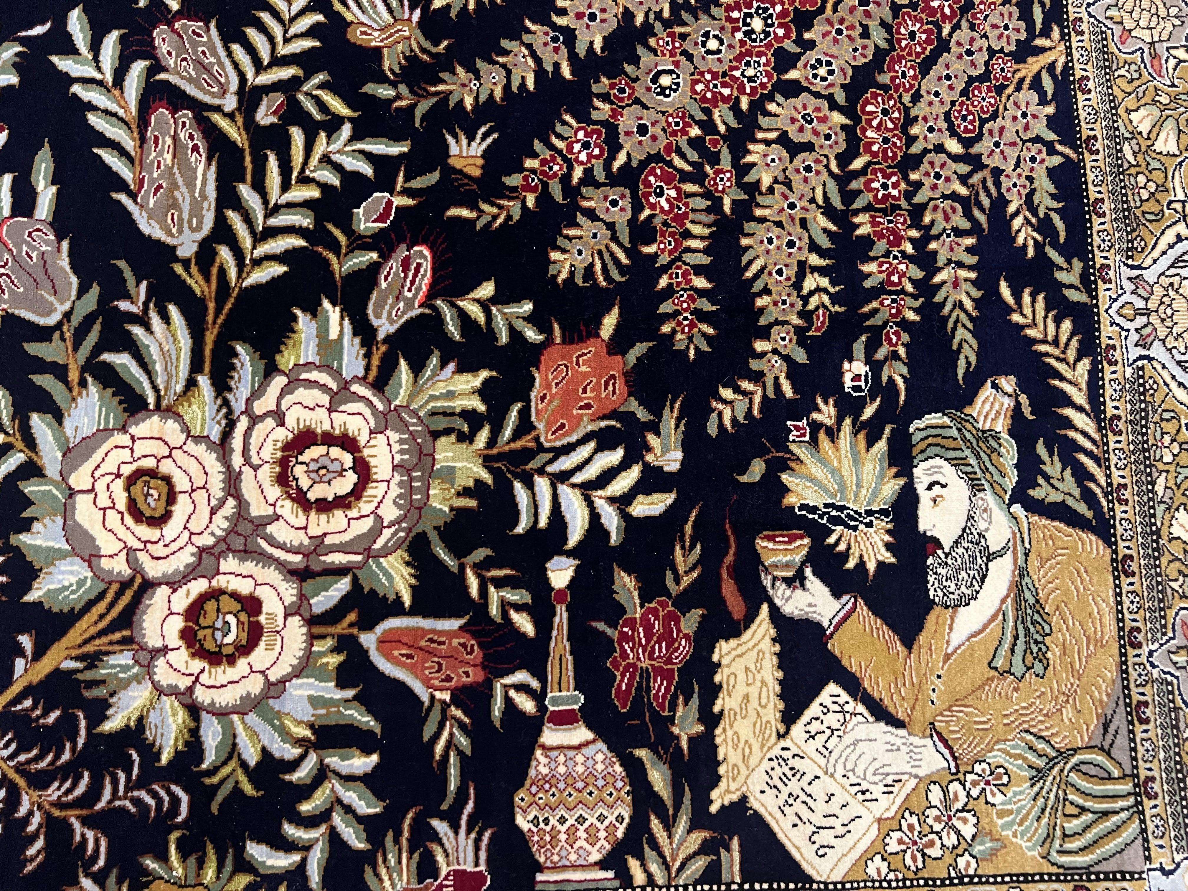 Persian Qum Pictorial Rug 4.8 x 6.5 - Layla & Majnun, Birds - Jewel Rugs