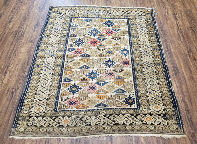 Antique Caucasian Shirvan Area Rug 4x5, 1920s Kuba Rug, Caucasus Mountains Wool Hand-Knotted Dagestan Carpet, Ivory Blue Yellow, Collectible - Jewel Rugs
