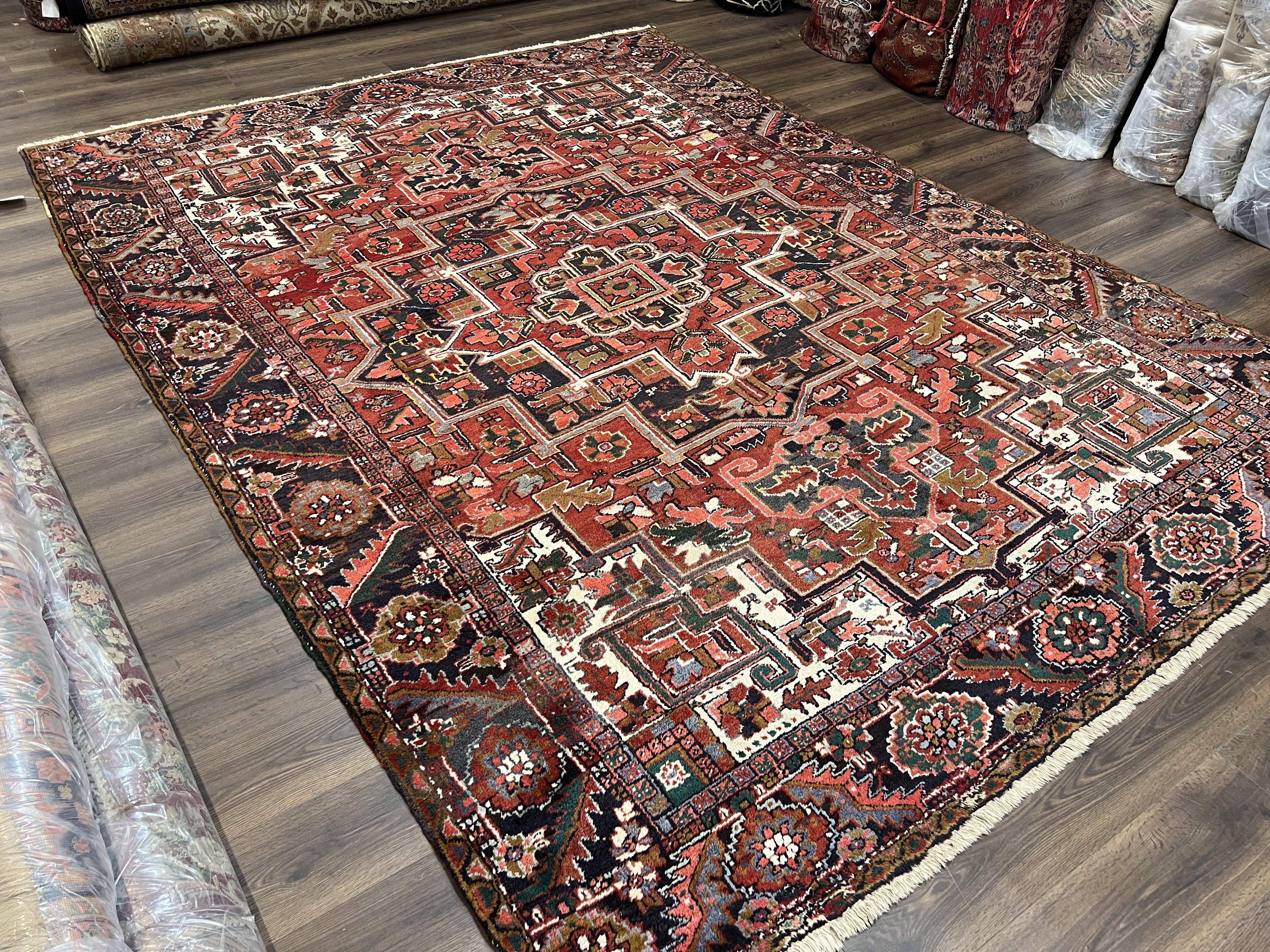 Persian Heriz Rug 8x12, Vintage Geometric Medallion Carpet, Semi Antique Wool Handmade Room Sized Oriental Rug 8 x 12, Red Dark Blue Ivory - Jewel Rugs