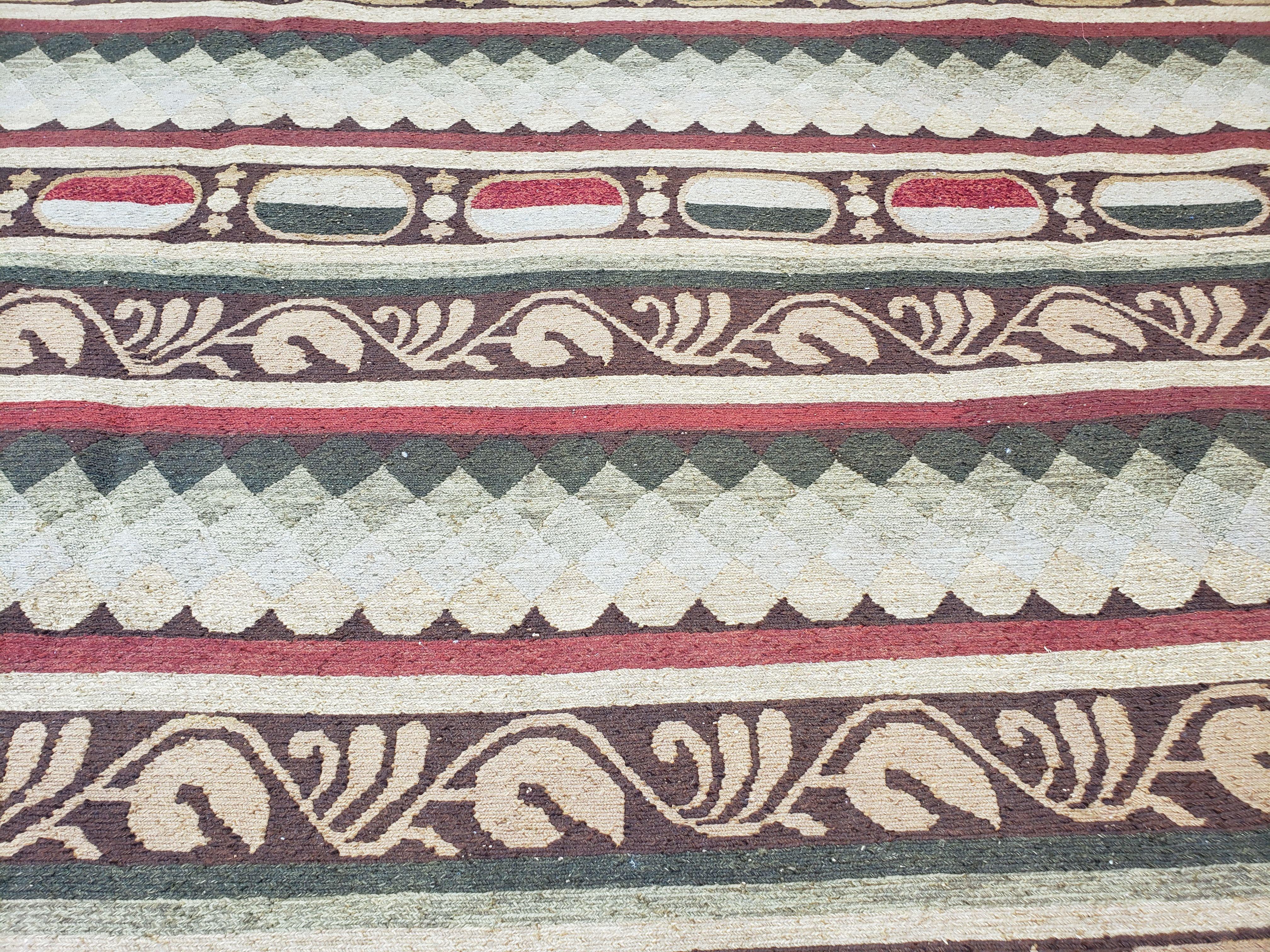 Large Vintage Striped Rug, Handmade, Earth Tone Decor, Beiges Slate Gray Dark Red, Flatweave Indian Striped Carpet, Indian Kilim 10x14, Wool - Jewel Rugs