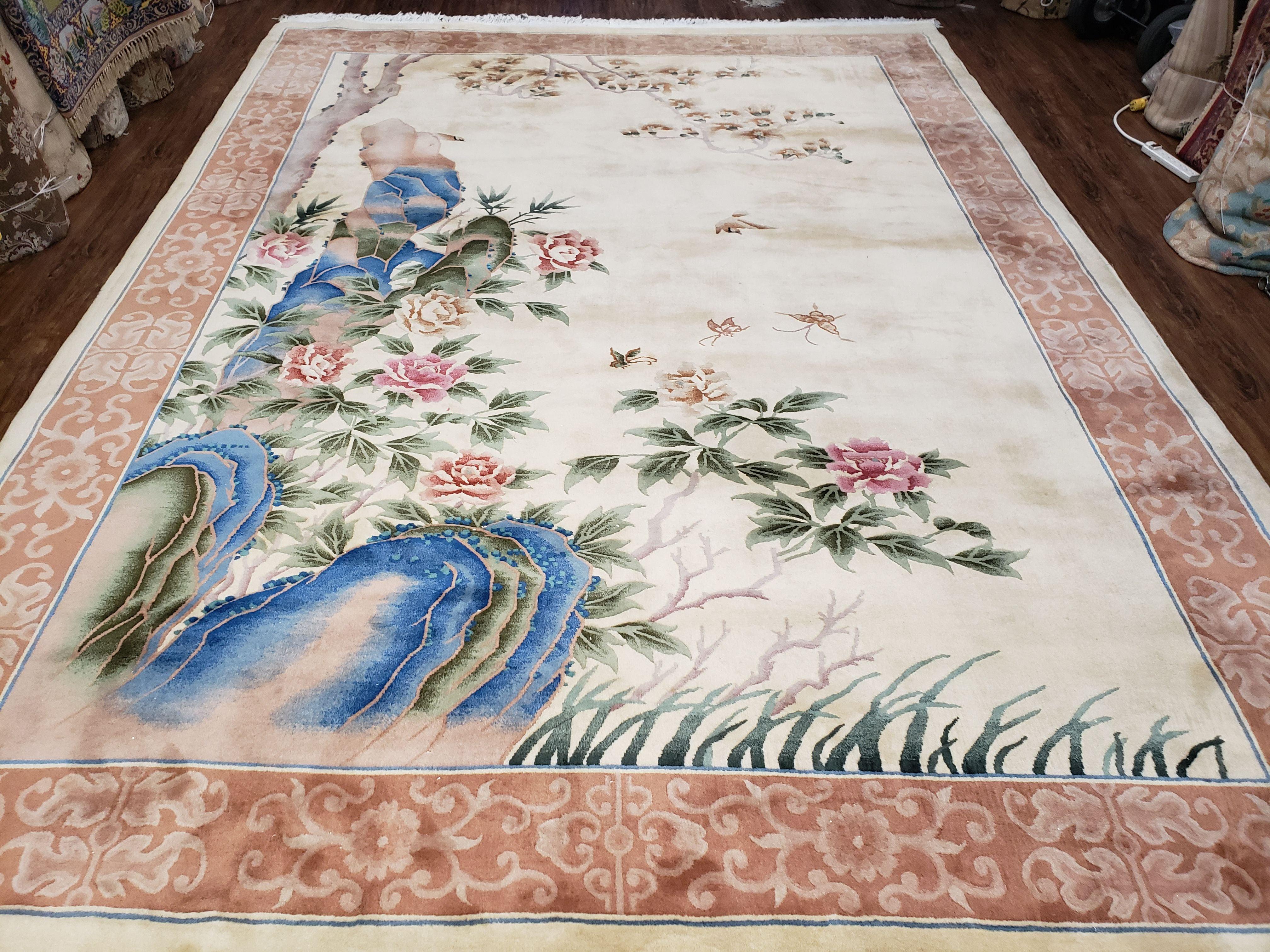 9x12 Handmade Art Deco Wool Chinese Rug 120 Lines Butterflies Flowers 8'8" X 12' - Jewel Rugs