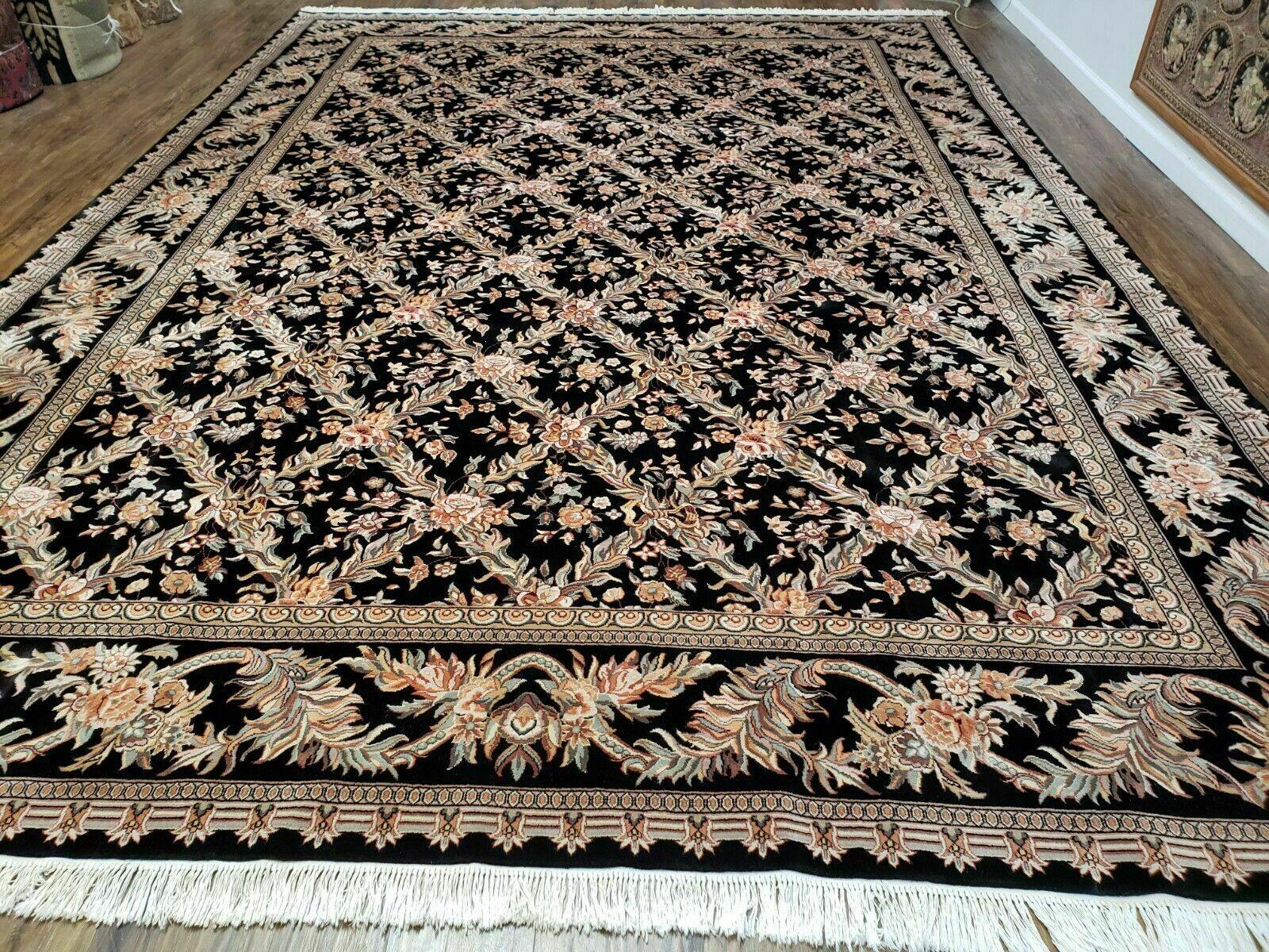 10' X 14' Handmade Fine Chinese Allover Floral Wool Rug Hand Knotted Black Nice - Jewel Rugs