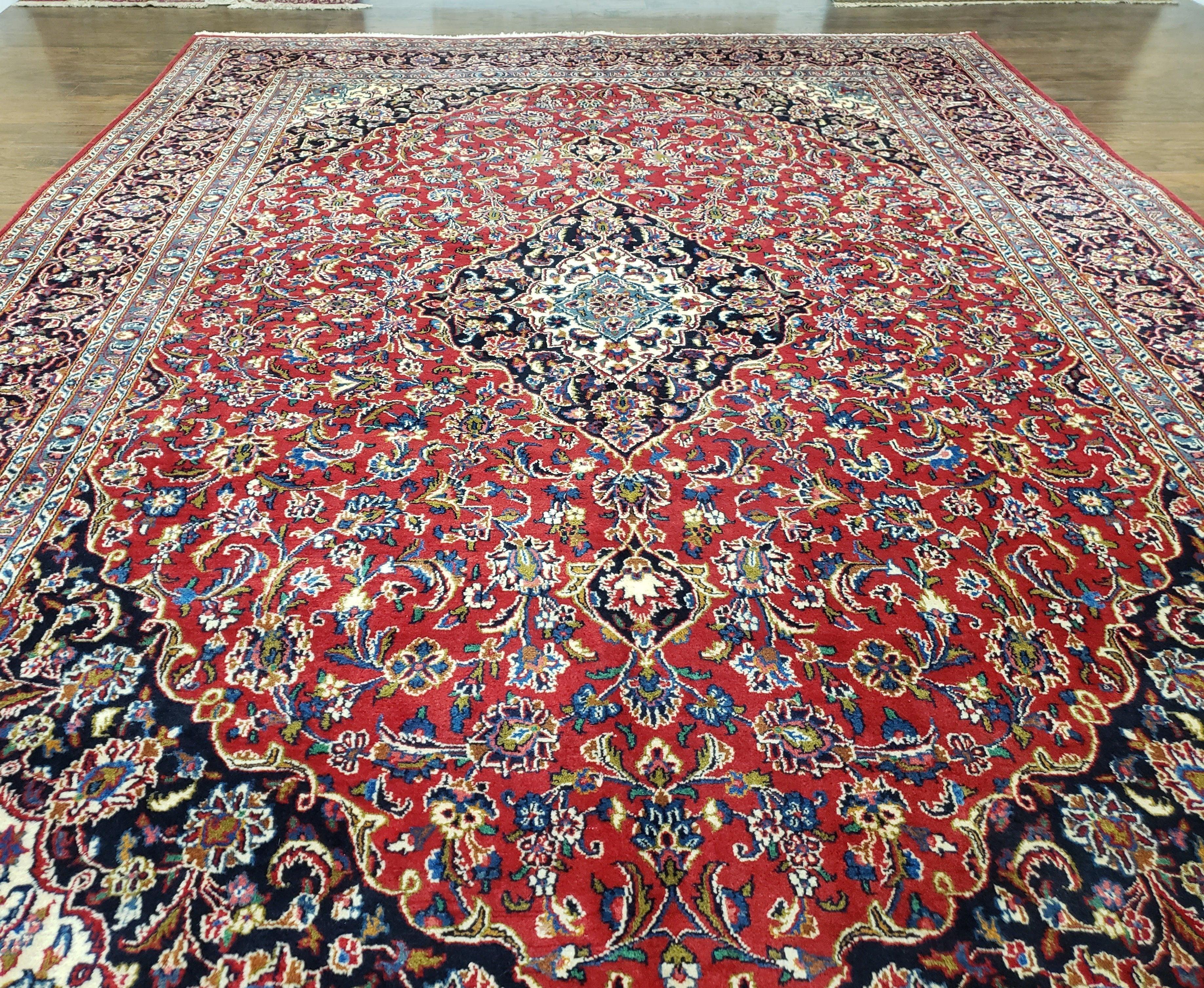 Persian Kashan Rug 9.6 x 13.5, Red and Blue Antique Persian Carpet, Hand Knotted, Medallion Allover Floral, High Quality Large Wool Carpet - Jewel Rugs