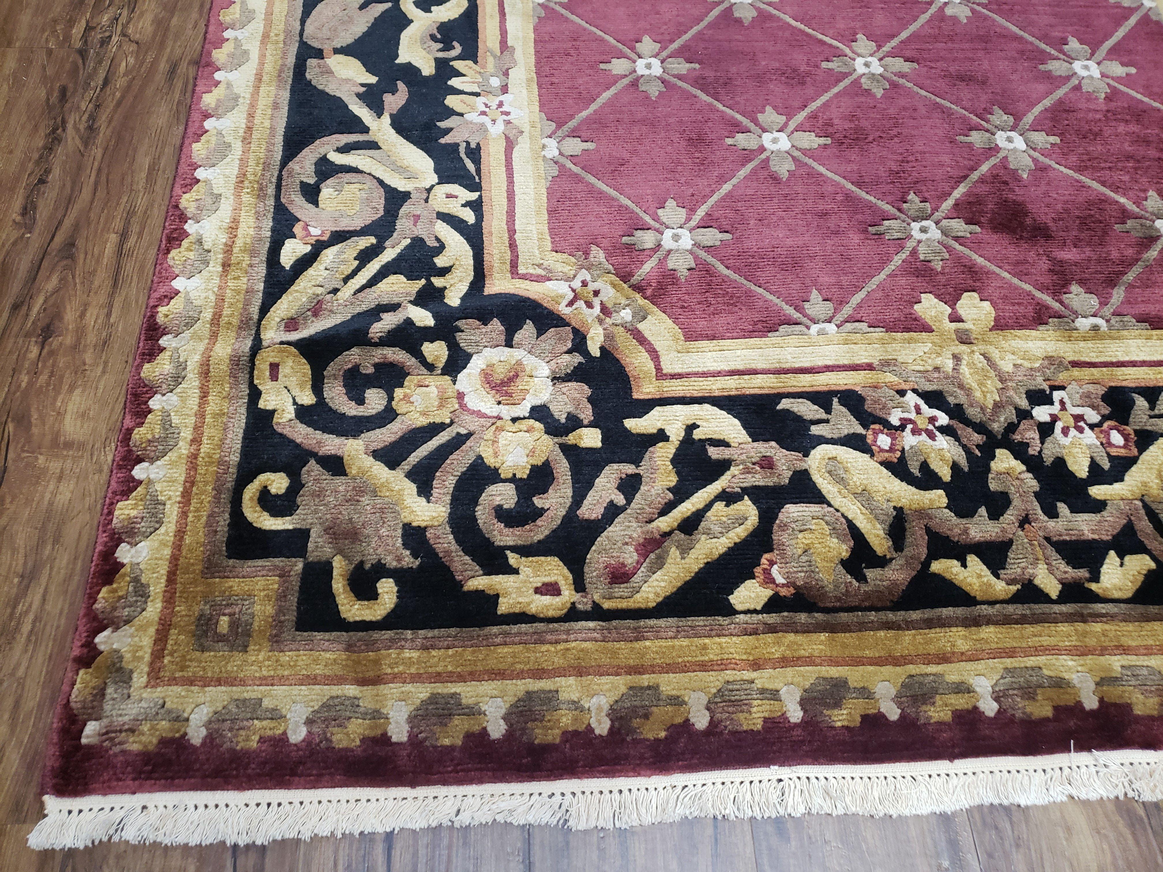 Vintage Aubusson Rug 6x9, Hibiscus Red Black & Gold Wool Hand-Knotted Carpet, 6 x 9 Small Elegant Dinning Room Area Rug, New Zealand Wool - Jewel Rugs