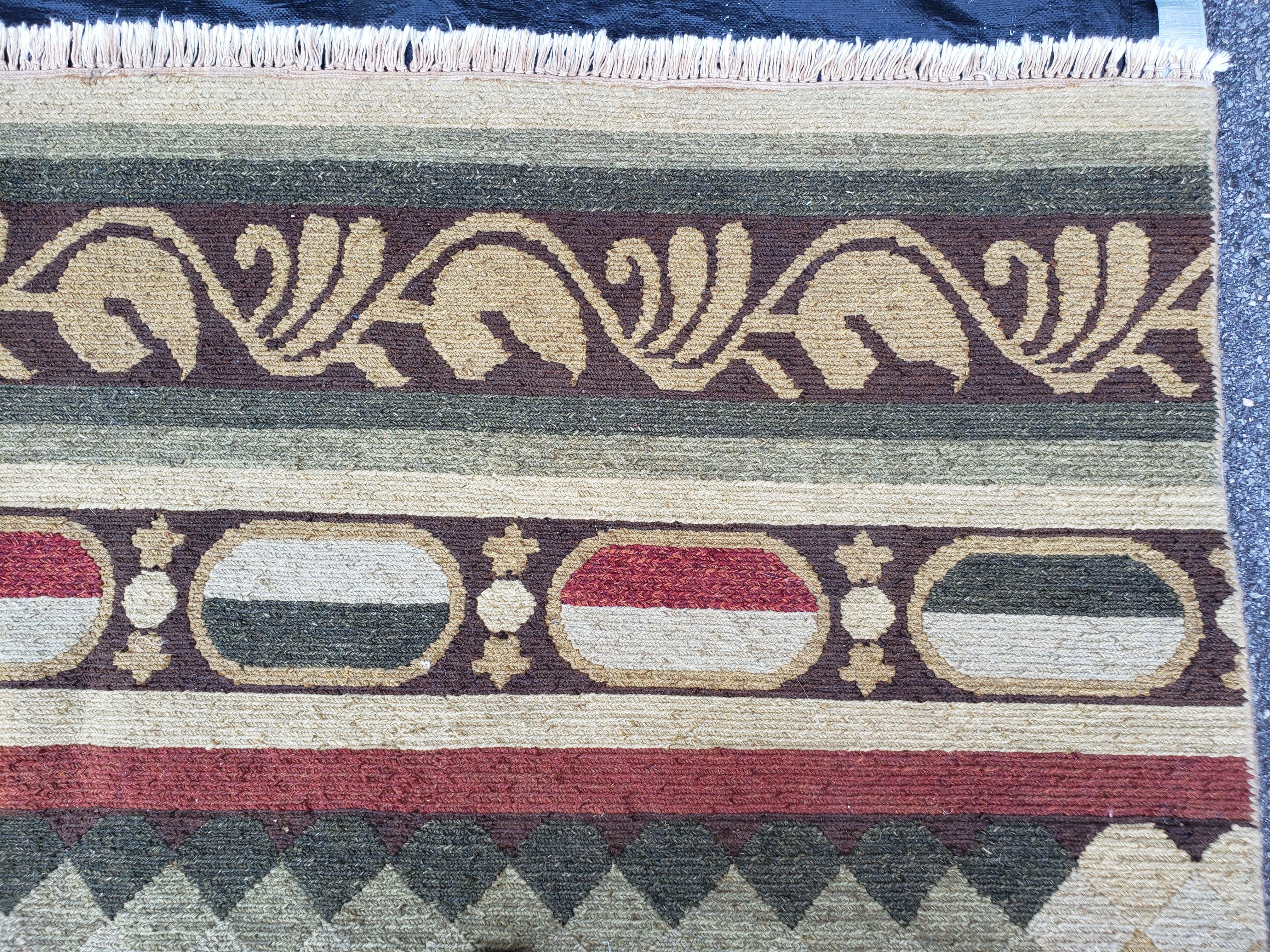 Large Vintage Striped Rug, Handmade, Earth Tone Decor, Beiges Slate Gray Dark Red, Flatweave Indian Striped Carpet, Indian Kilim 10x14, Wool - Jewel Rugs