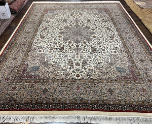 Beautiful Pak Persian Rug 10x13, Floral Medallion, Highly Detailed, Ivory/Cream Gray, Hand Knotted Pakistani Fine Oriental Carpet 10 x 13 ft - Jewel Rugs