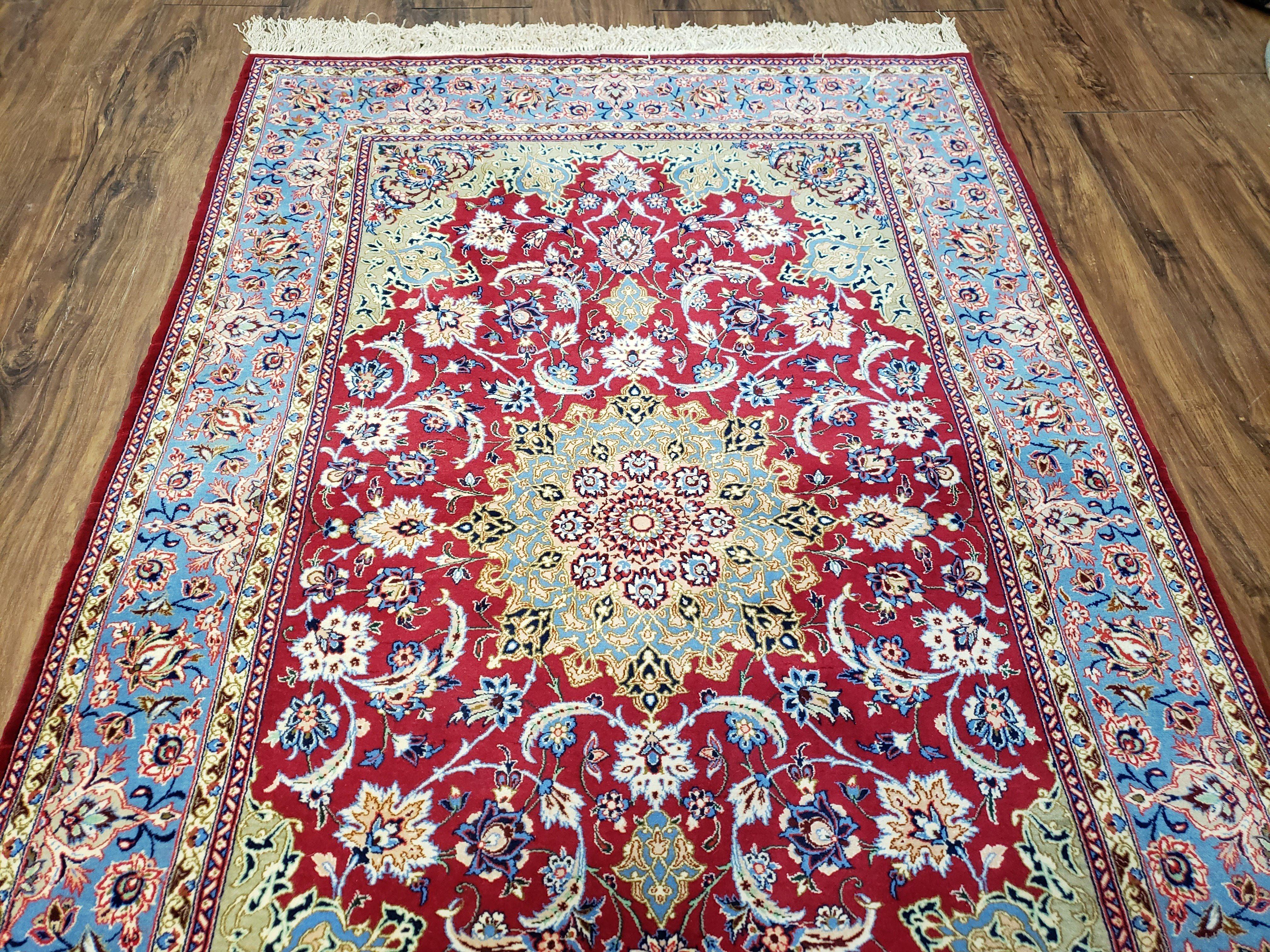 Semi Antique Persian Isfahan Rug, Kork Wool on Silk Foundation, Red & Blue, Top Quality, 3'6" x 5' 6" - Jewel Rugs