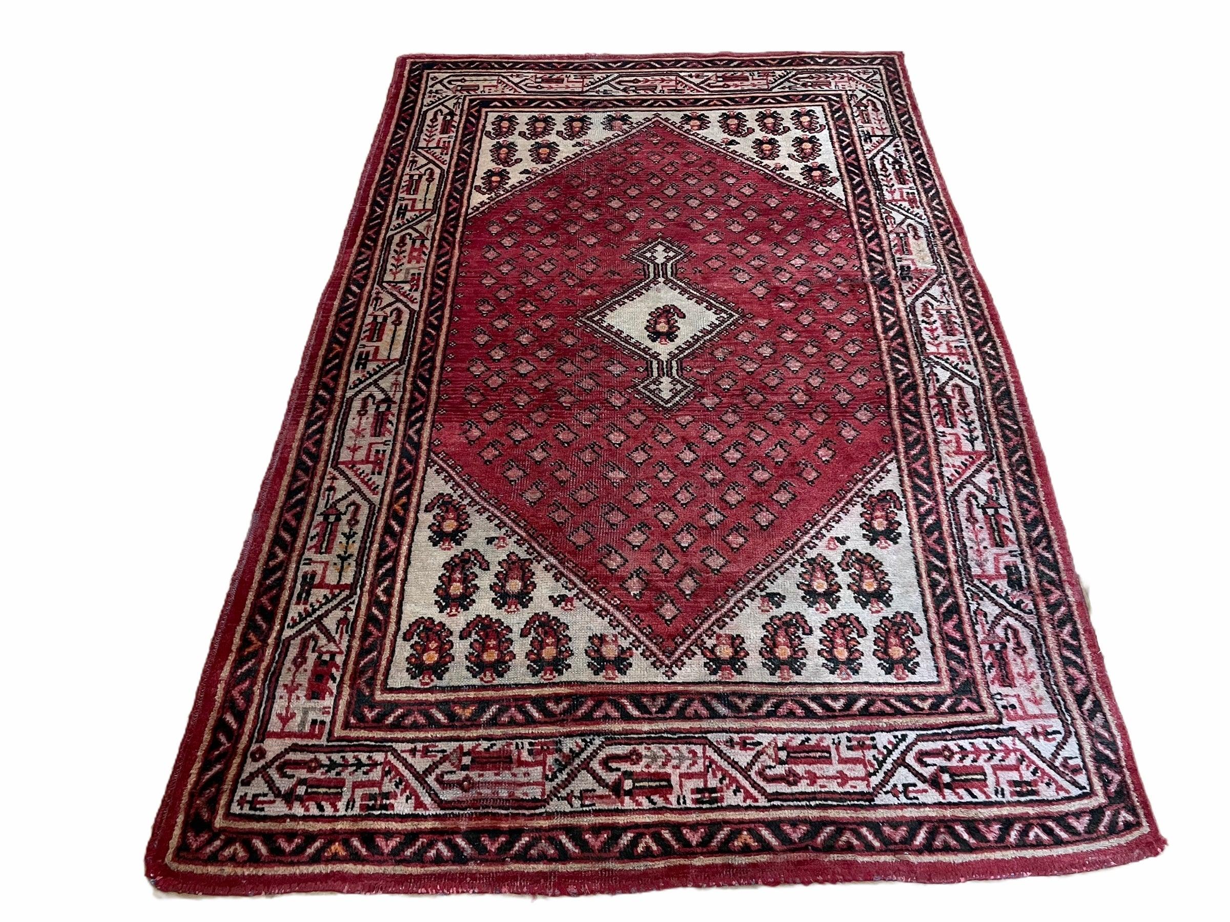 4 X 6.5 Antique Handmade Wool Rug Paisley Boteh Design Tribal Rug Red Ivory - Jewel Rugs