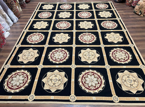 Large Needlepoint Rug 10x13, Panel Design, Black and Beige, Wool Needlepoint Carpet 10 x 13, English Garden, Handwoven Area Rug, Living Room - Jewel Rugs