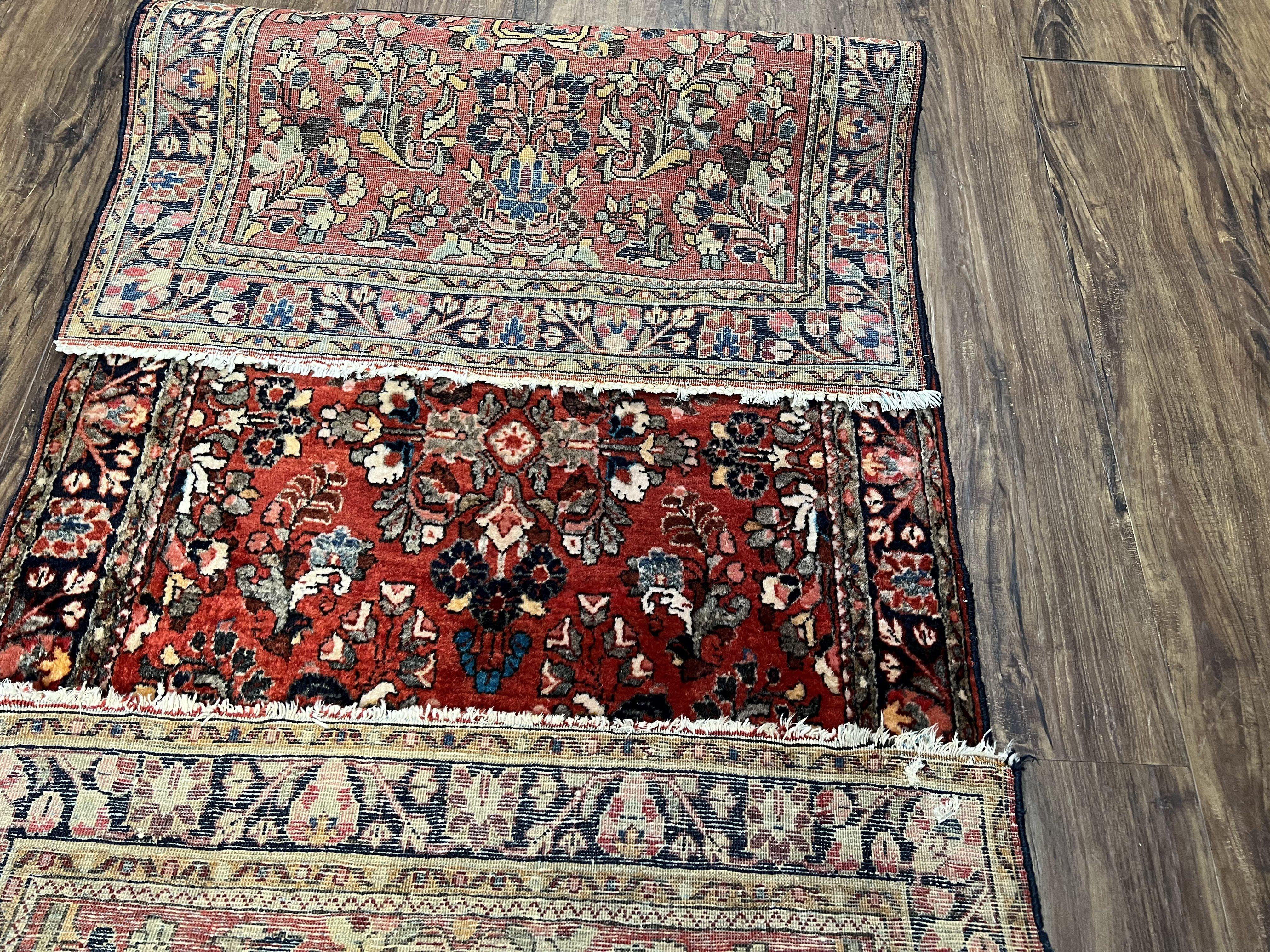 Persian Sarouk Rug 2.7 x 6.6, Antique Oriental Carpet, Short Runner Rug, Floral Rug, Red Dark Blue Cream, Hand-Knotted, High Quality, Authentic Wow - Jewel Rugs