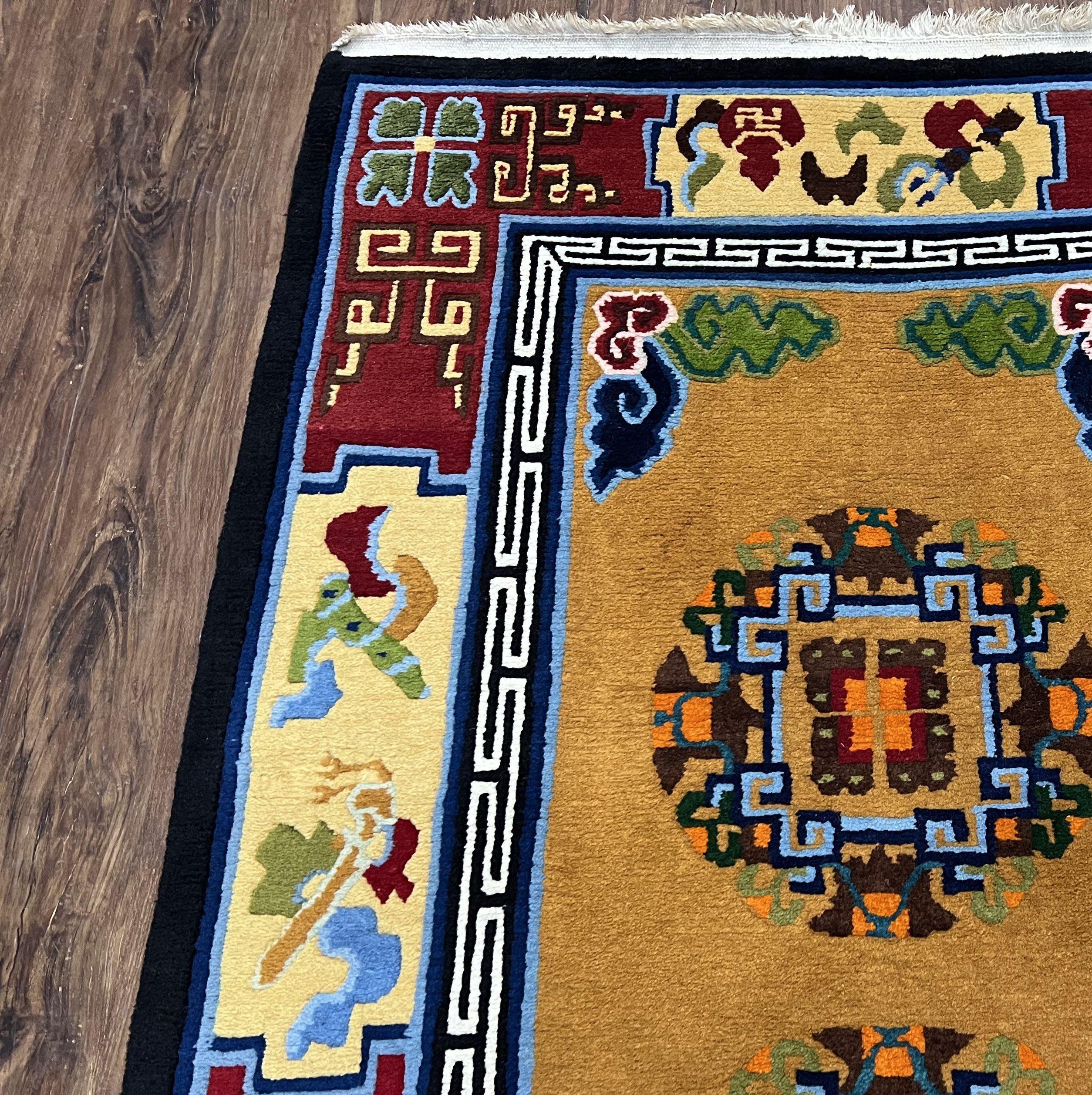 Vintage Chinese Art Deco Rug 3x6, Orange Dark Blue Maroon Chinese Peking Carpet, Asian Oriental Wool Rug, Bold Colors, Bedroom Rug, Hallway - Jewel Rugs