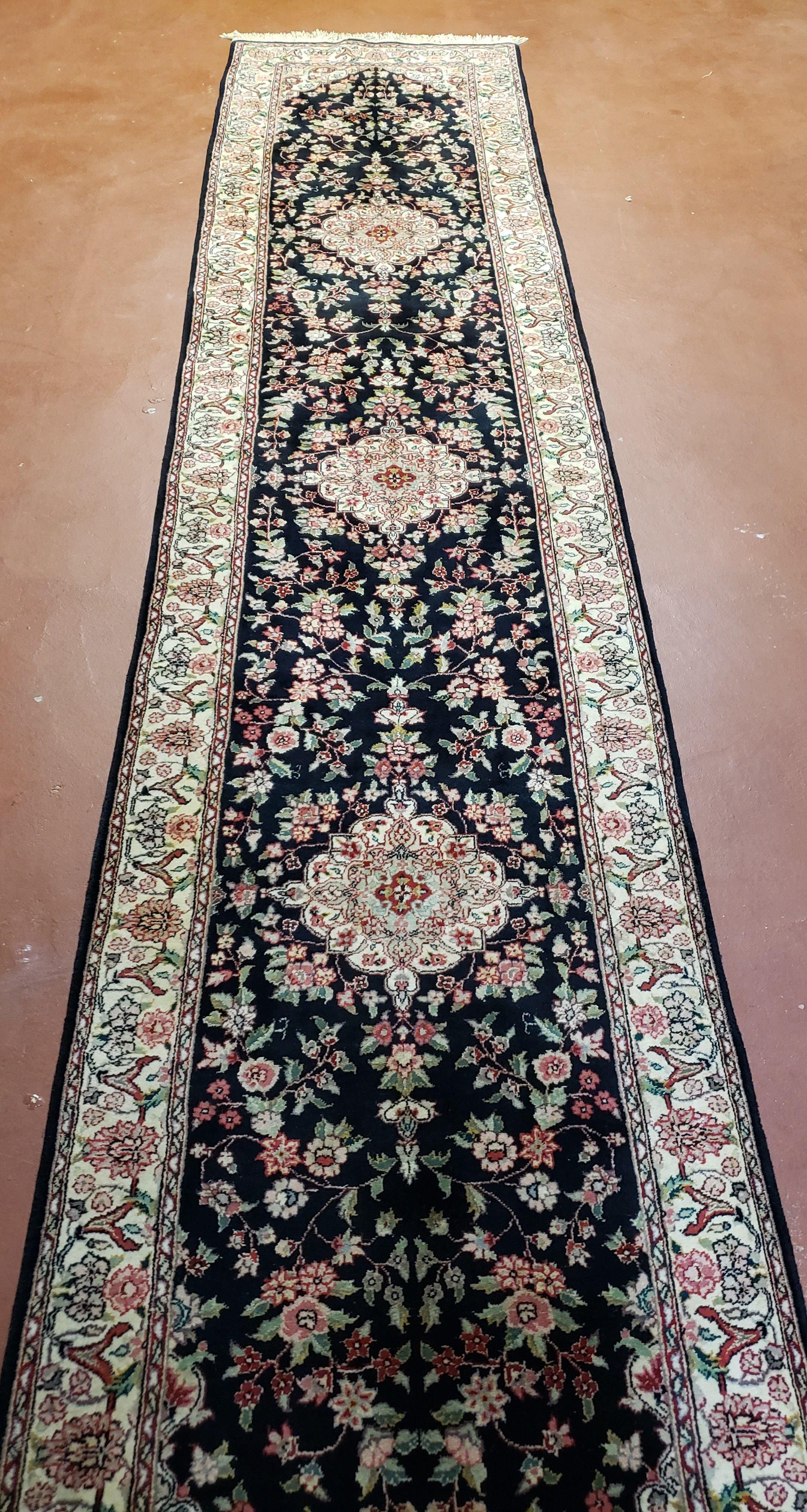 Traditional Oriental Runner Rug, 12ft Long Hallway Carpet, 2.5 ft Wide Black & Ivory Persian Runner, 2' 7" x 12", Hand Knotted Wool Vintage - Jewel Rugs