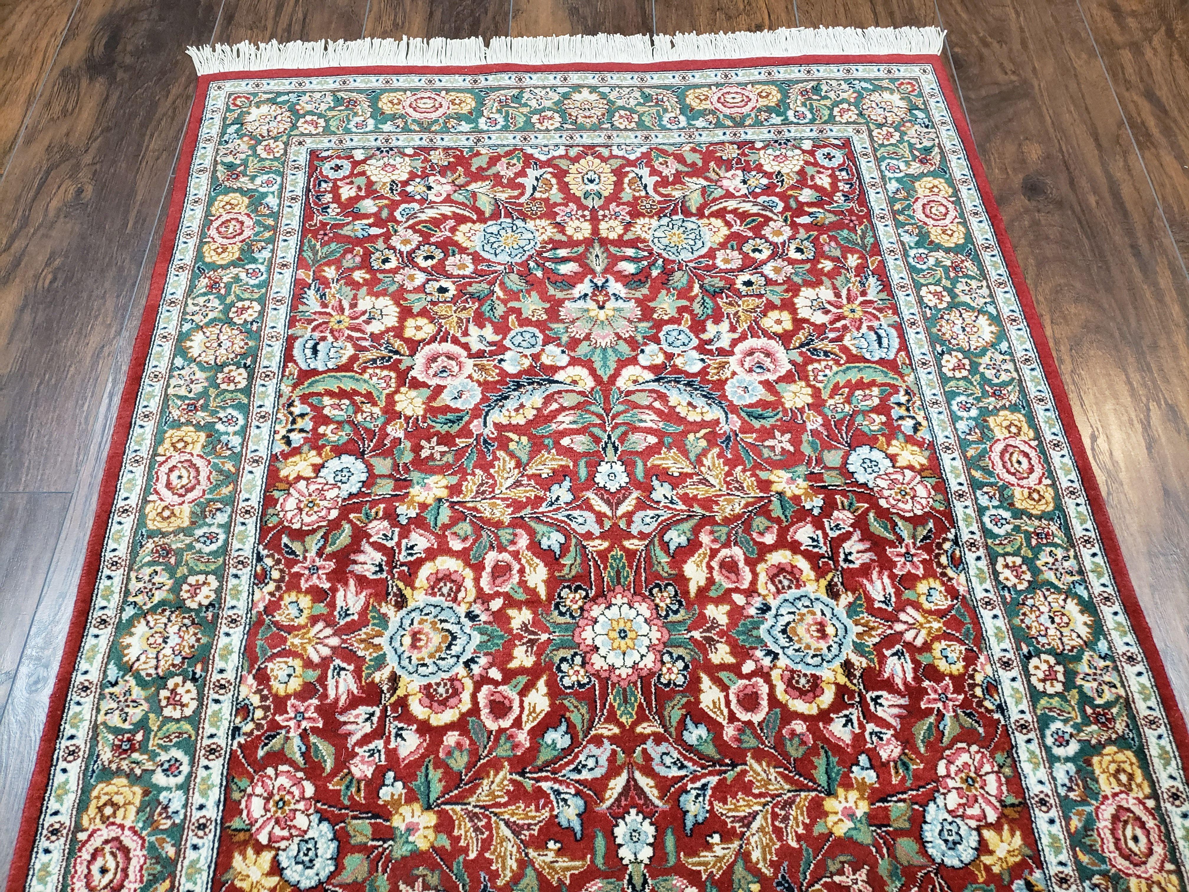 Indo-Persian Rug 3x5, Vintage Traditional Oriental Carpet 3 x 5, Afshan Allover Floral Pattern Red & Green Wool Hand-Knotted Fine Indian Rug - Jewel Rugs