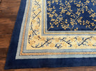 Vintage Spanish Portuguese Area Rug 10x12, Almost Square Size, Navy Blue - Gold - Cream, Floral European Design, Soft Wool Carpet Handmade - Jewel Rugs