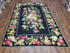 Vintage Black Floral Needlepoint Area Rug 5x8 - 6x9, Large Red & Pink Rose Flowers, Wool Hand-Woven Petitepoint Flatweave Living Room Carpet - Jewel Rugs